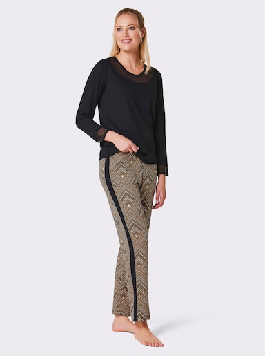 wäschepur Schlafanzug mit Mesh-Einsätzen - schwarz-camel-bedruckt
