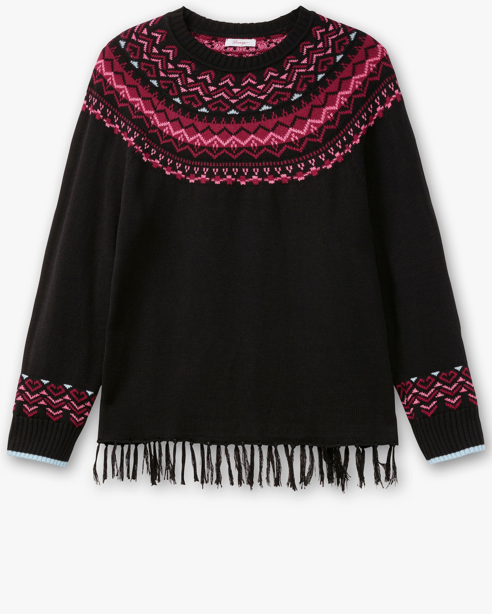 sheego Pull norvégien avec franges à l'ourlet - noir à motifs