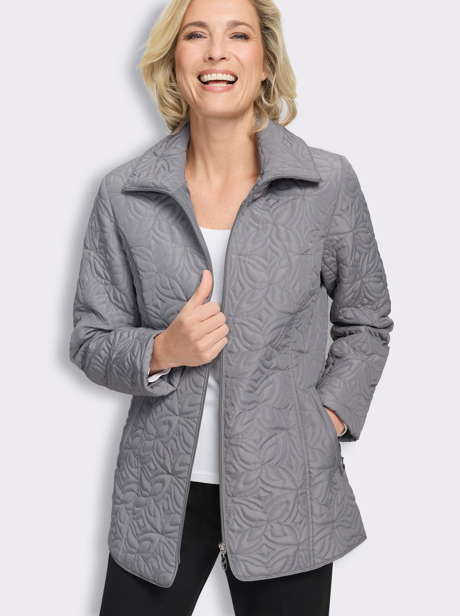 Steppjacke mit floralem Muster - steingrau