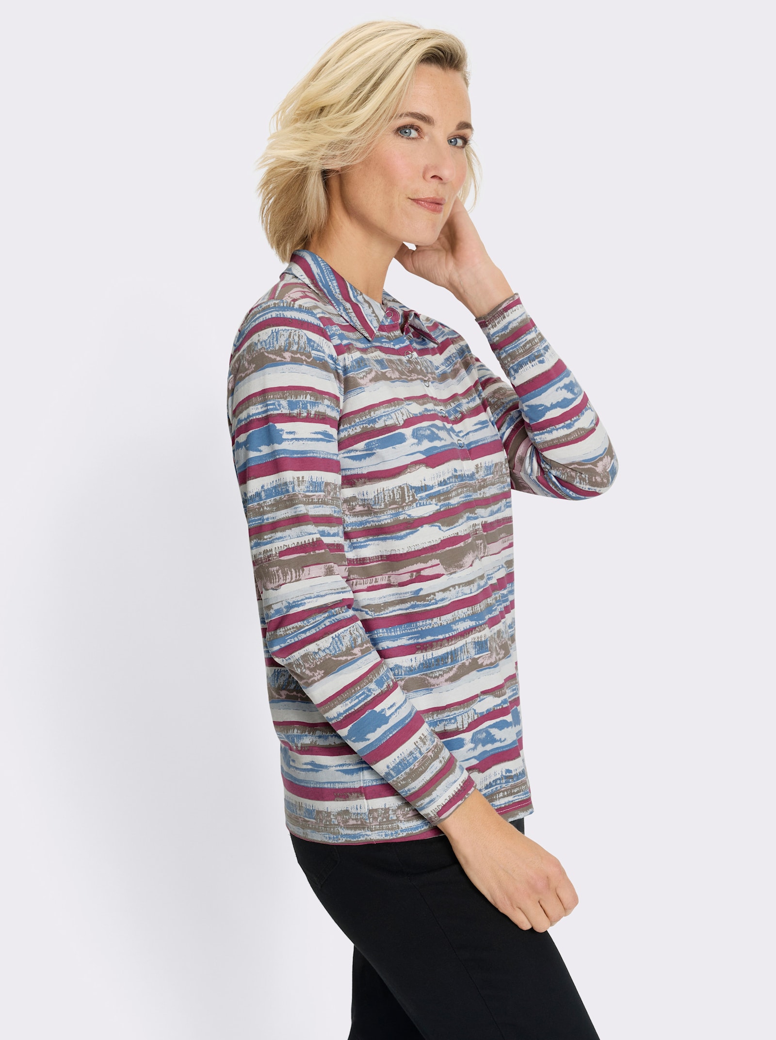 Langarmshirt mit kurzer Druckknopfleiste - erika-taupe-geringelt