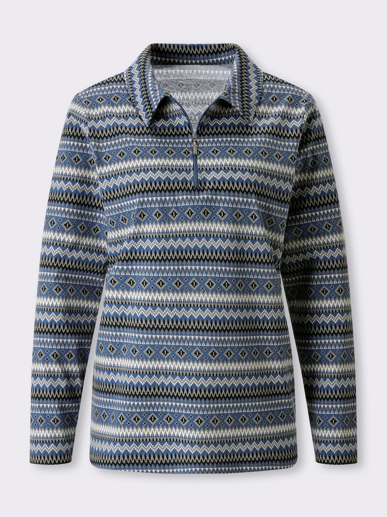 Langarmshirt mit Polokragen - jeansblau-ecru-bedruckt