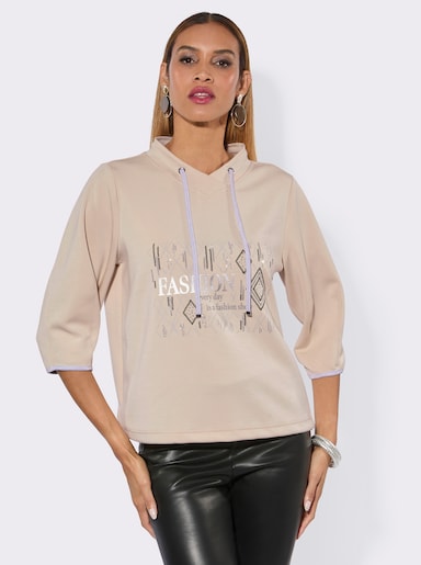 Sweatshirt mit glänzendem Folien-Druck - elfenbein-silberfarben-bedruckt