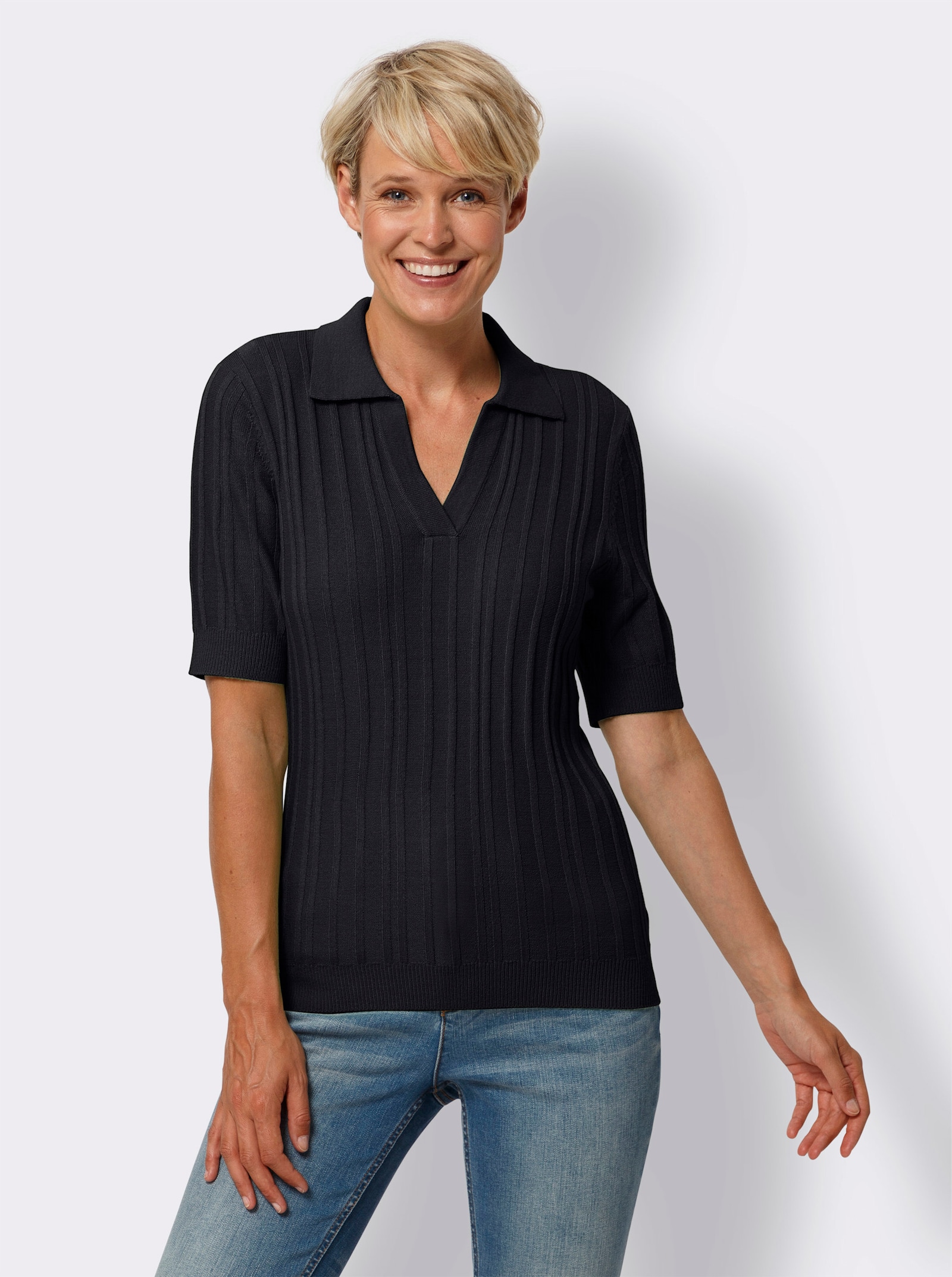 Polopullover mit Ripp-Muster - schwarz