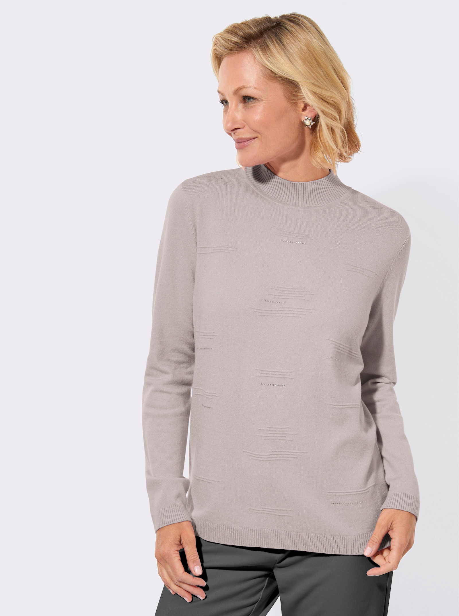  Stehkragenpullover mit Rippmuster und Glitzersteinchen - hellgrau