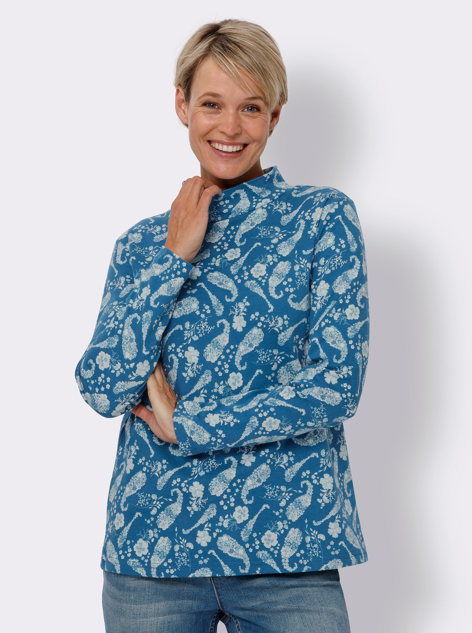 Sweatshirt i interlock-material - topas-kalkmint-med tryck