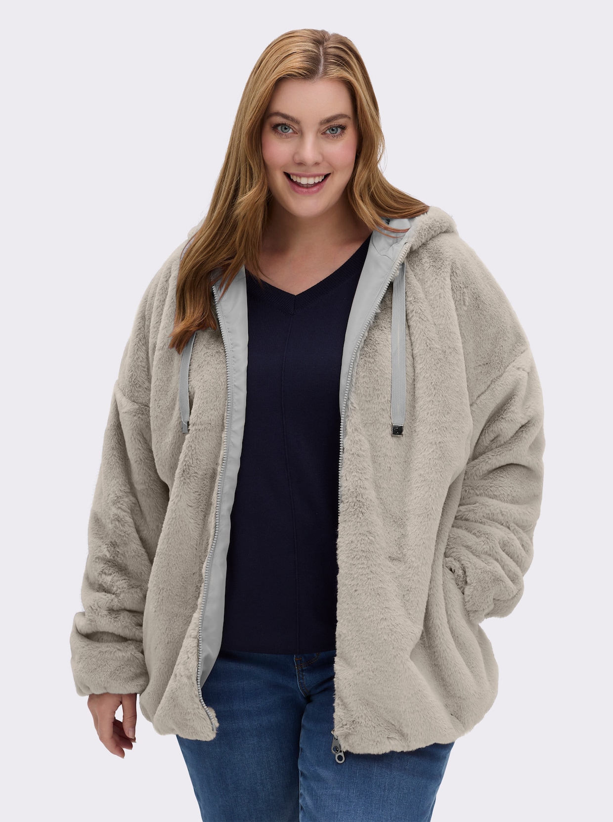 Fellimitatjacke mit Gummizug an Ärmeln und Saum - hellgrau