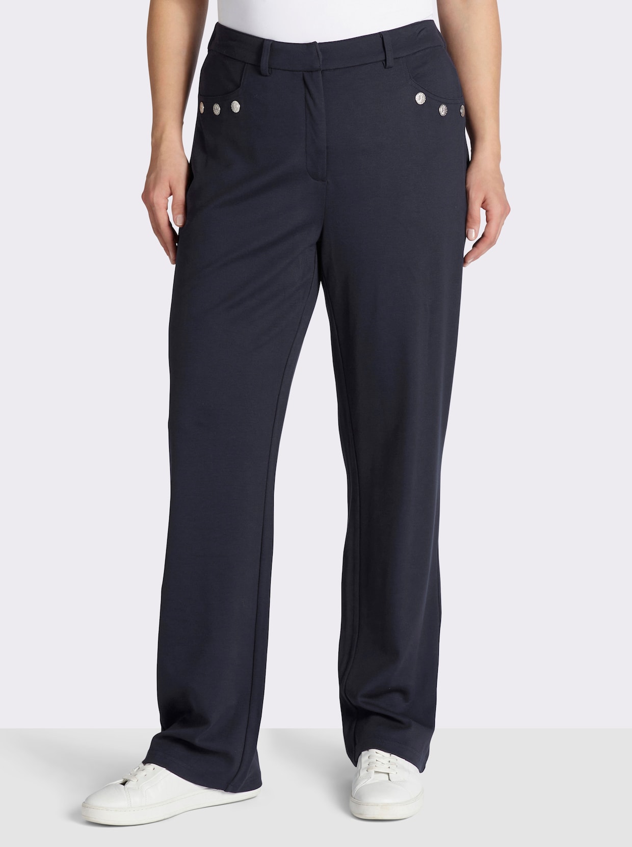 sheego Hose in gerader Beinform, mit Zierknöpfen - tiefblau