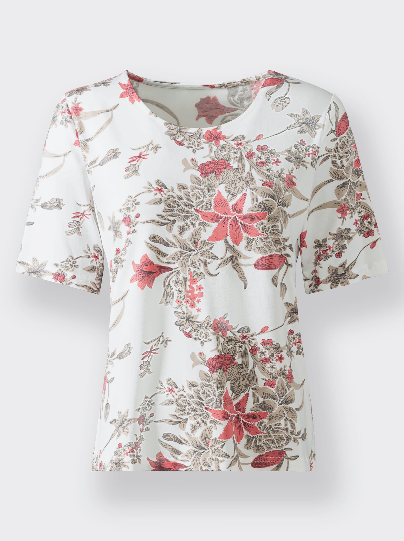 Rundhalsshirt mit Floral-Print, Viskose - flamingo-ecru-bedruckt