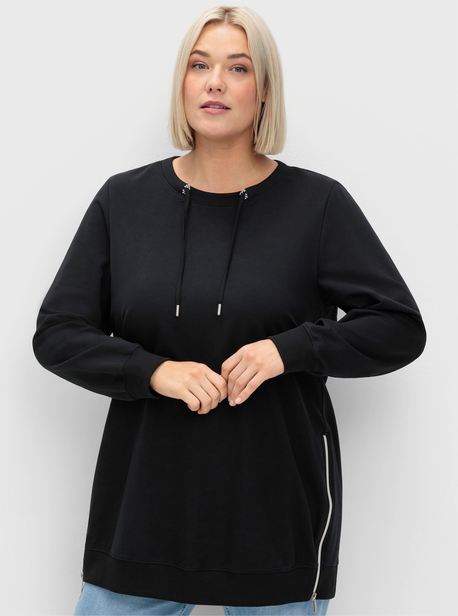 sheego Sweatshirt mit Reißverschlüssen - schwarz