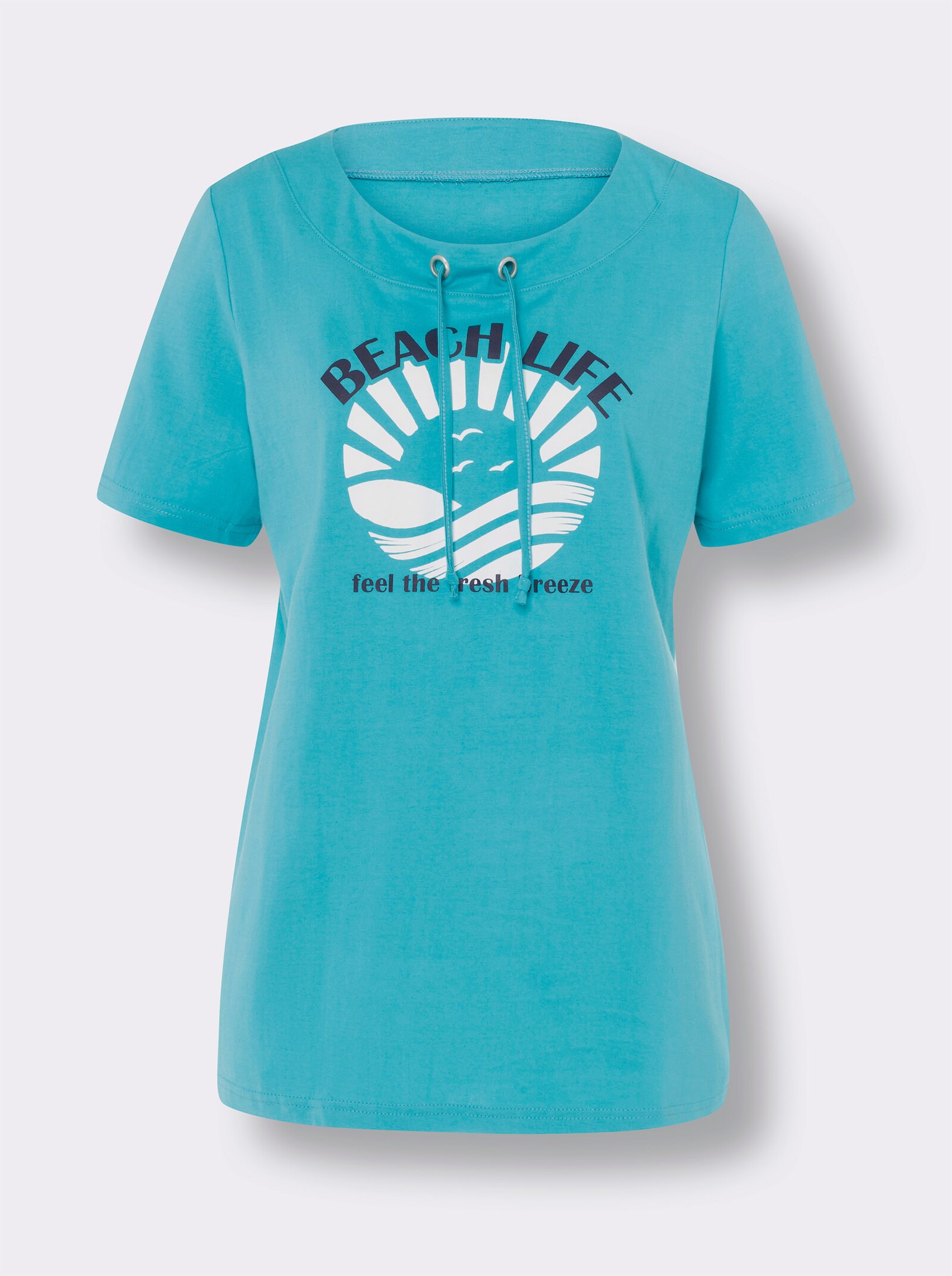 Shirt met korte mouwen en bindstrikje bij de hals - turquoise/ecru