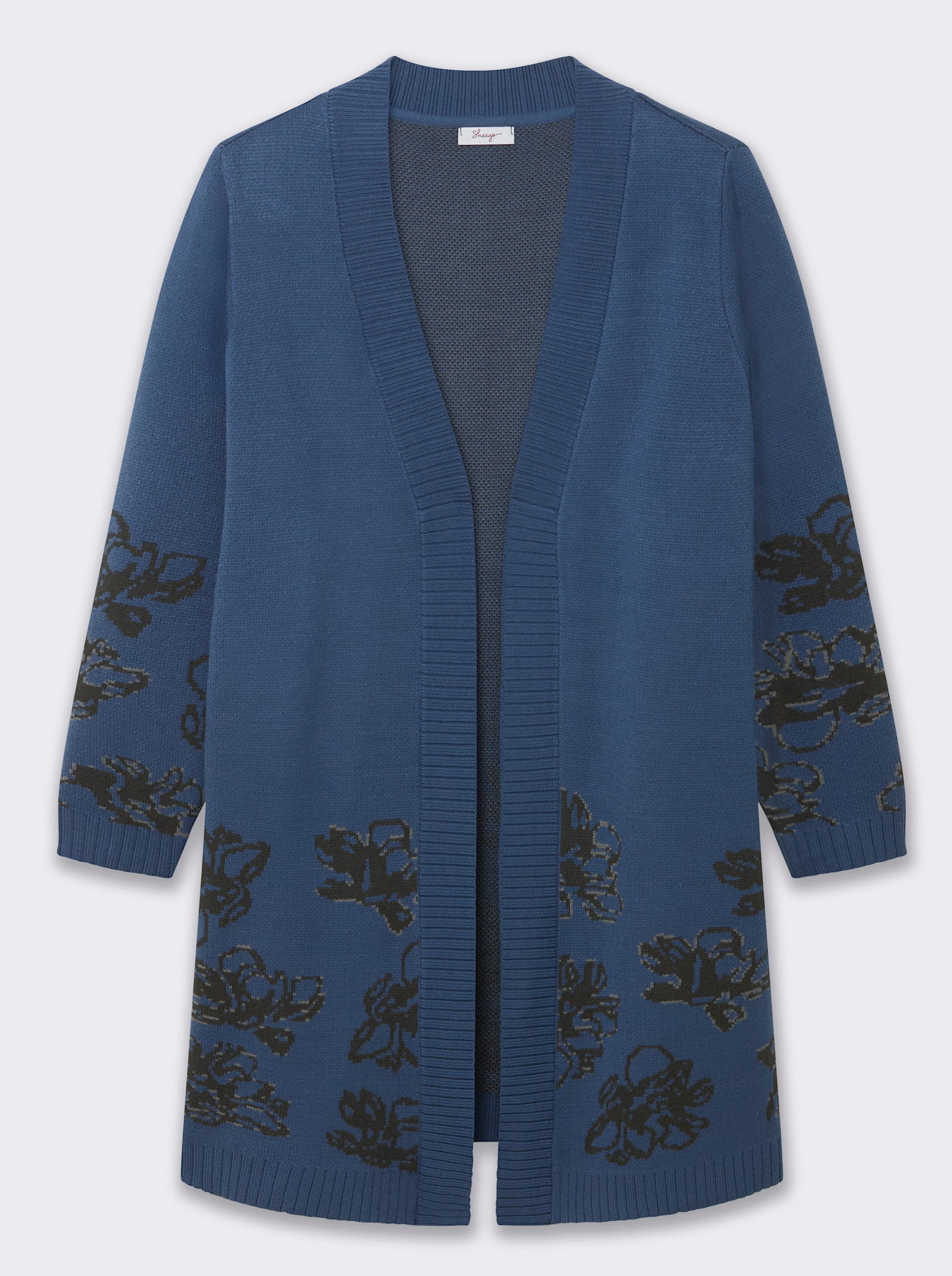 sheego Jacquardstrickjacke mit Blütenmuster - jeansblau-graphit-gemustert