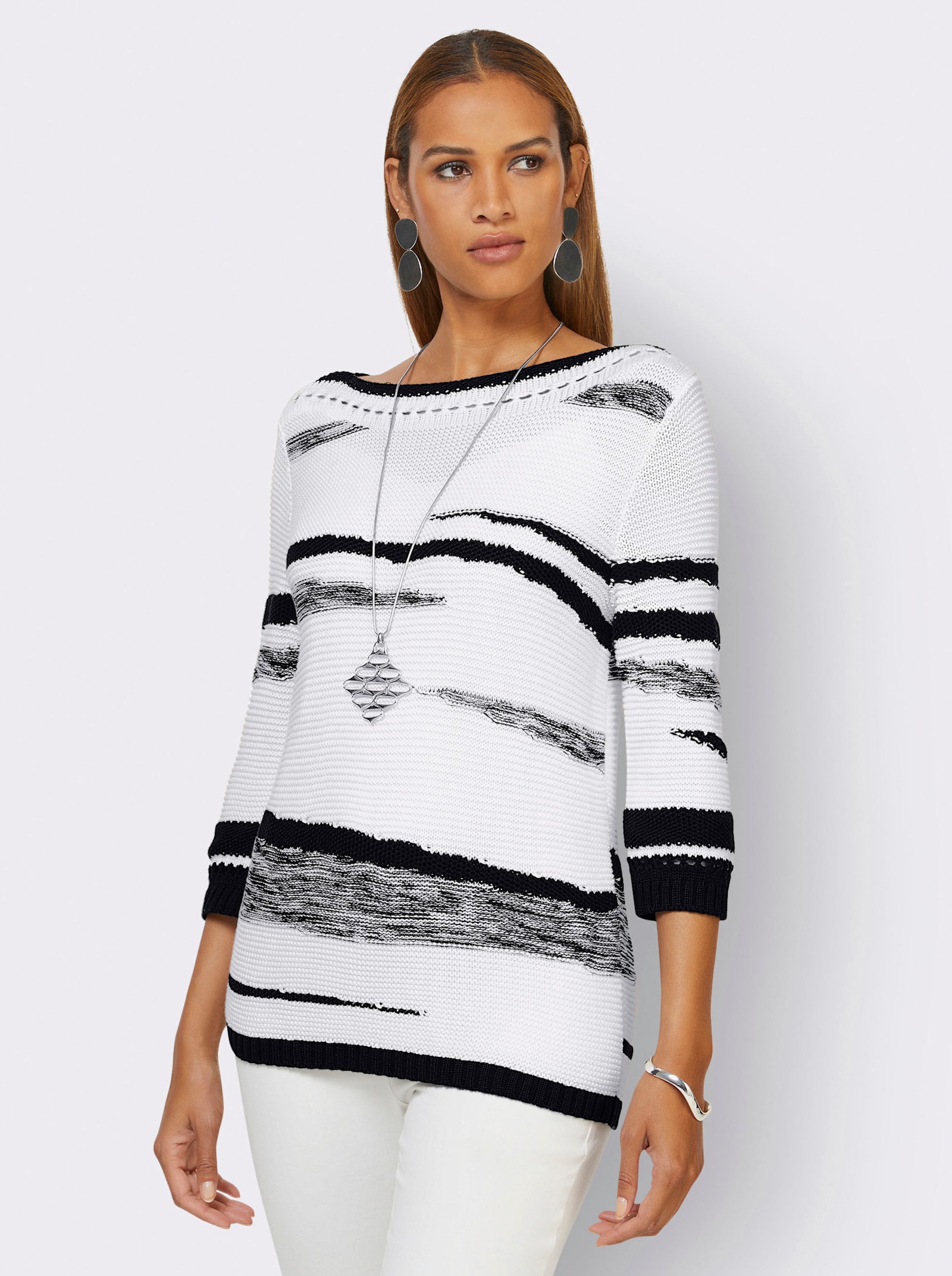 3/4 Arm-Pullover mit Lochmuster - weiß-schwarz-gemustert