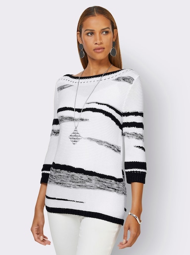 3/4 Arm-Pullover mit Lochmuster - weiß-schwarz-gemustert