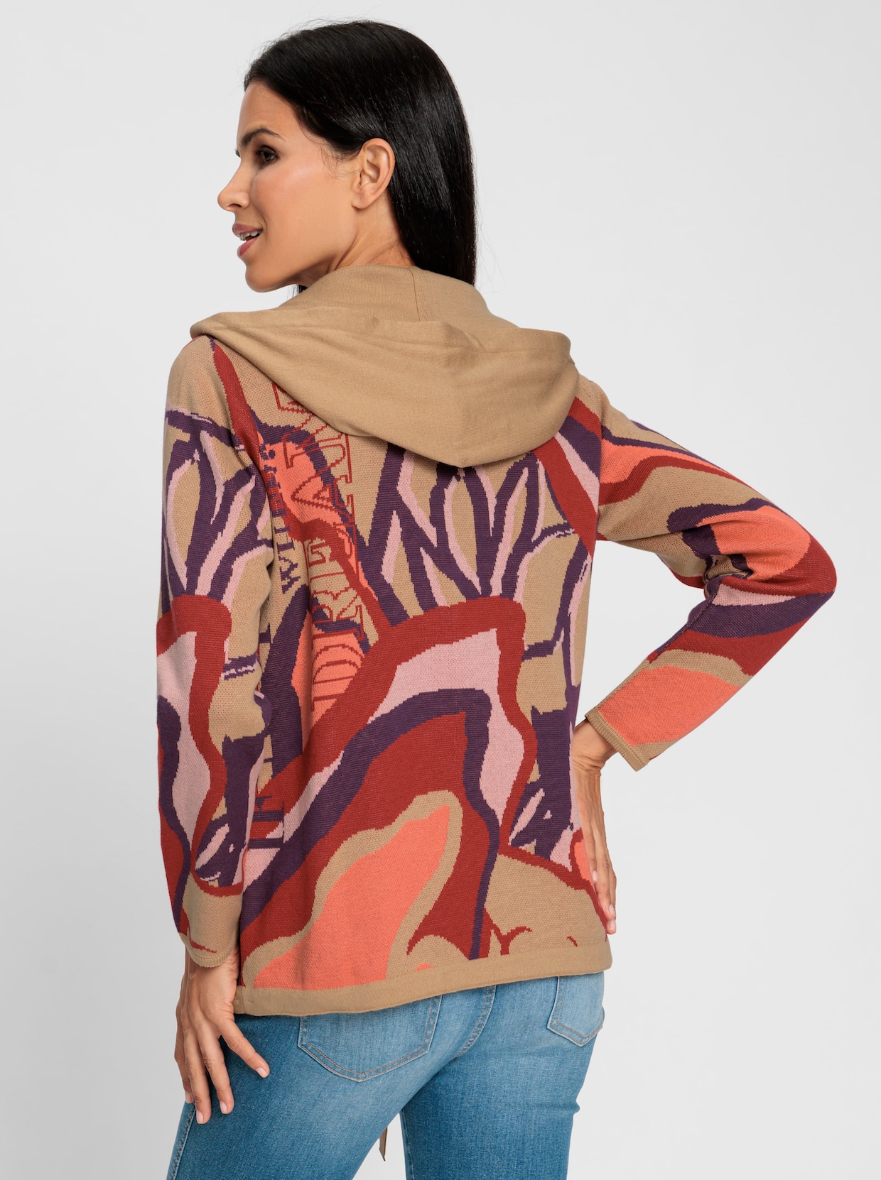heine Gebreid vest met capuchon - rood/camel gedessineerd