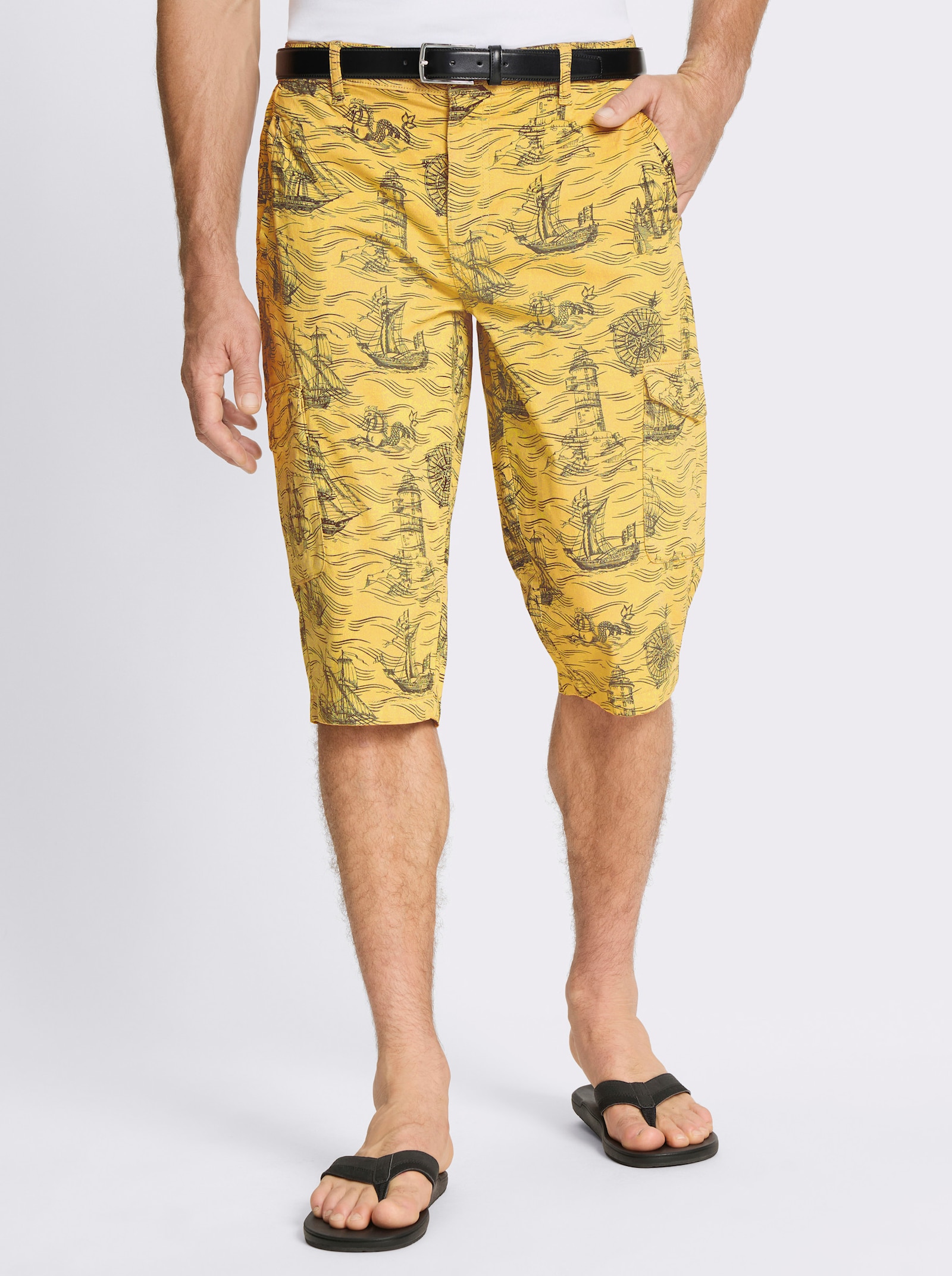 Bermudas mit Piratenschiff-Print, Twill - gelb-bedruckt