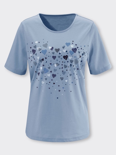 Kurzarmshirt mit Herz-Druck - bleu-weiß