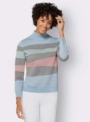 Langarm-Pullover mit Ripp-Abschlüssen, kuschelig - grau-bleu-gemustert