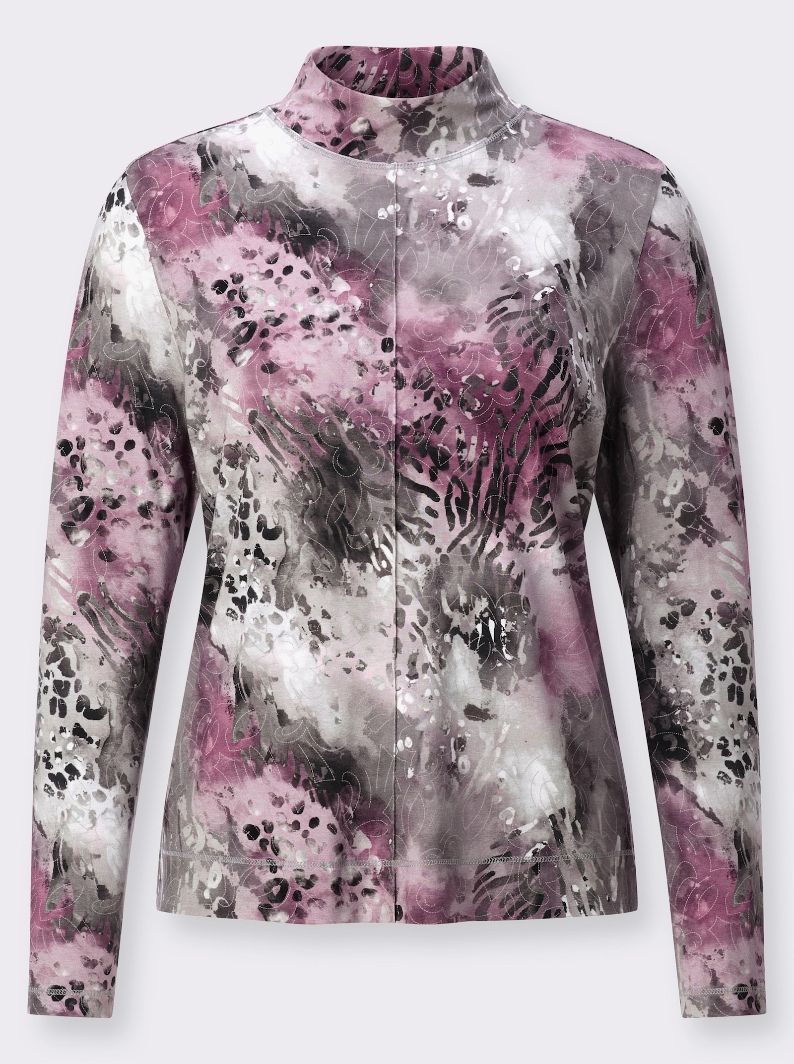 Stehkragenshirt im Animal-Dessin - steingrau-mauve-bedruckt