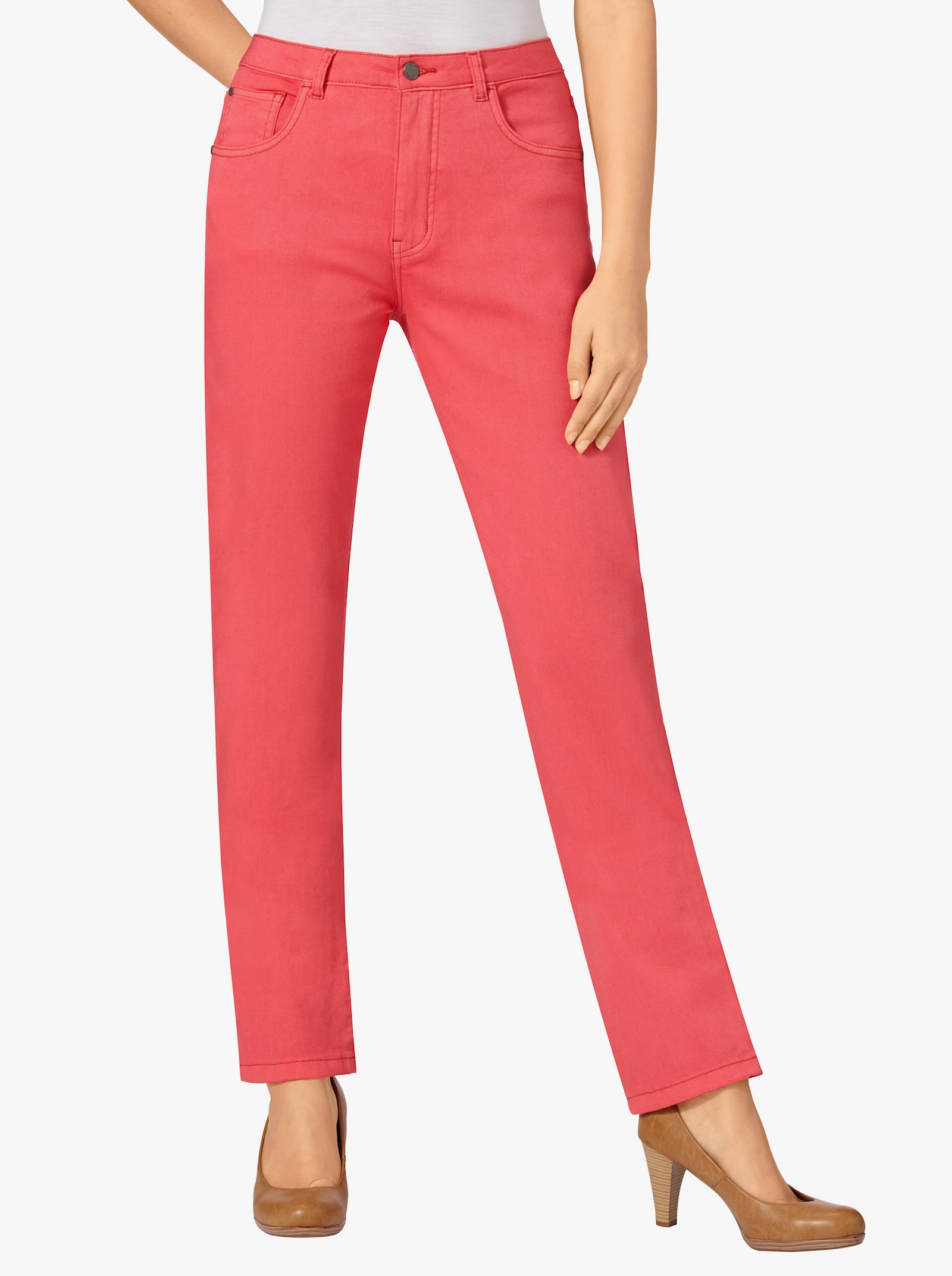 5-pocketjeans met geborduurde achterzakken - koraalrood