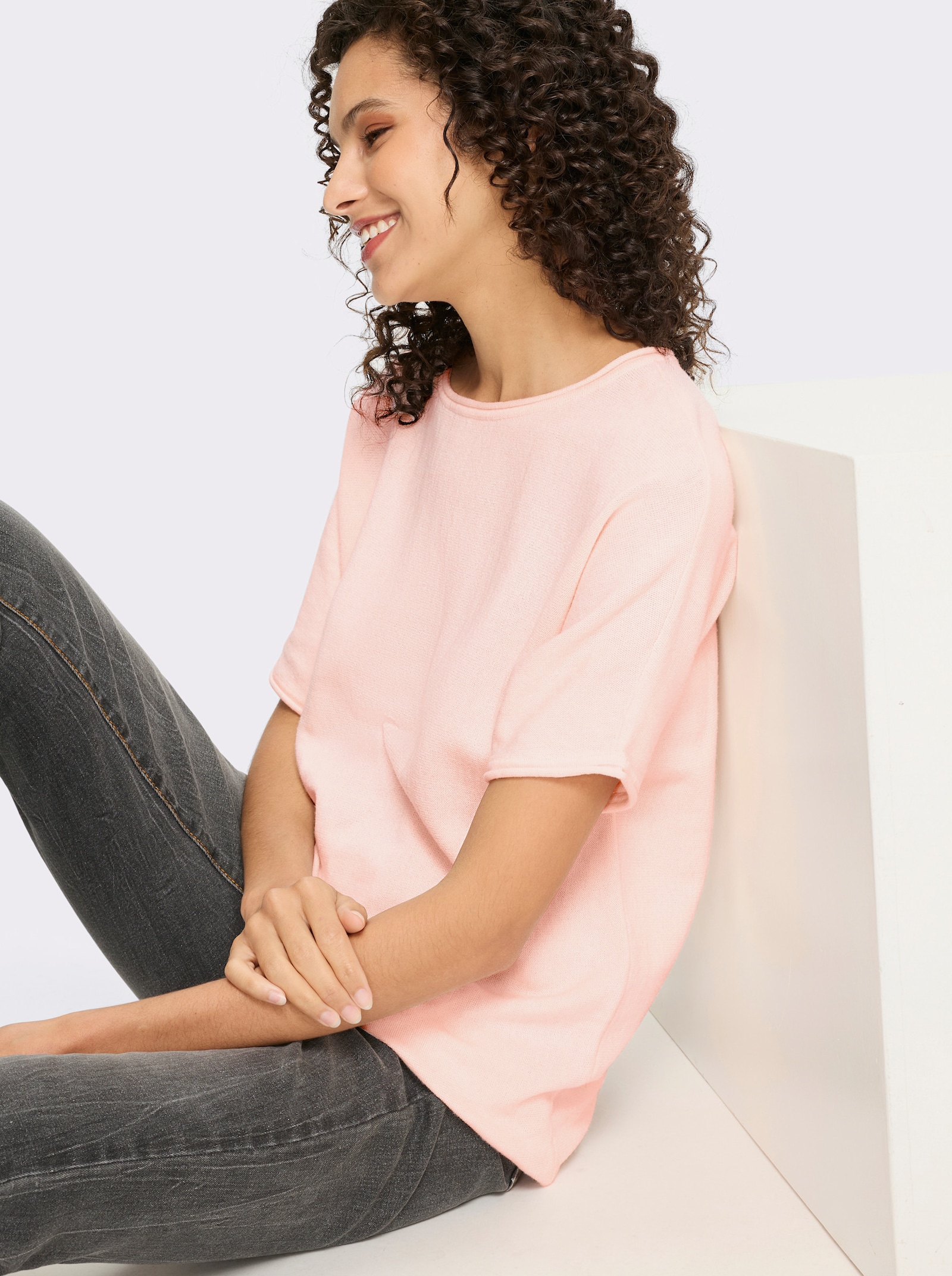 heine Kurzarmpullover mit Rollkanten - hellrosé