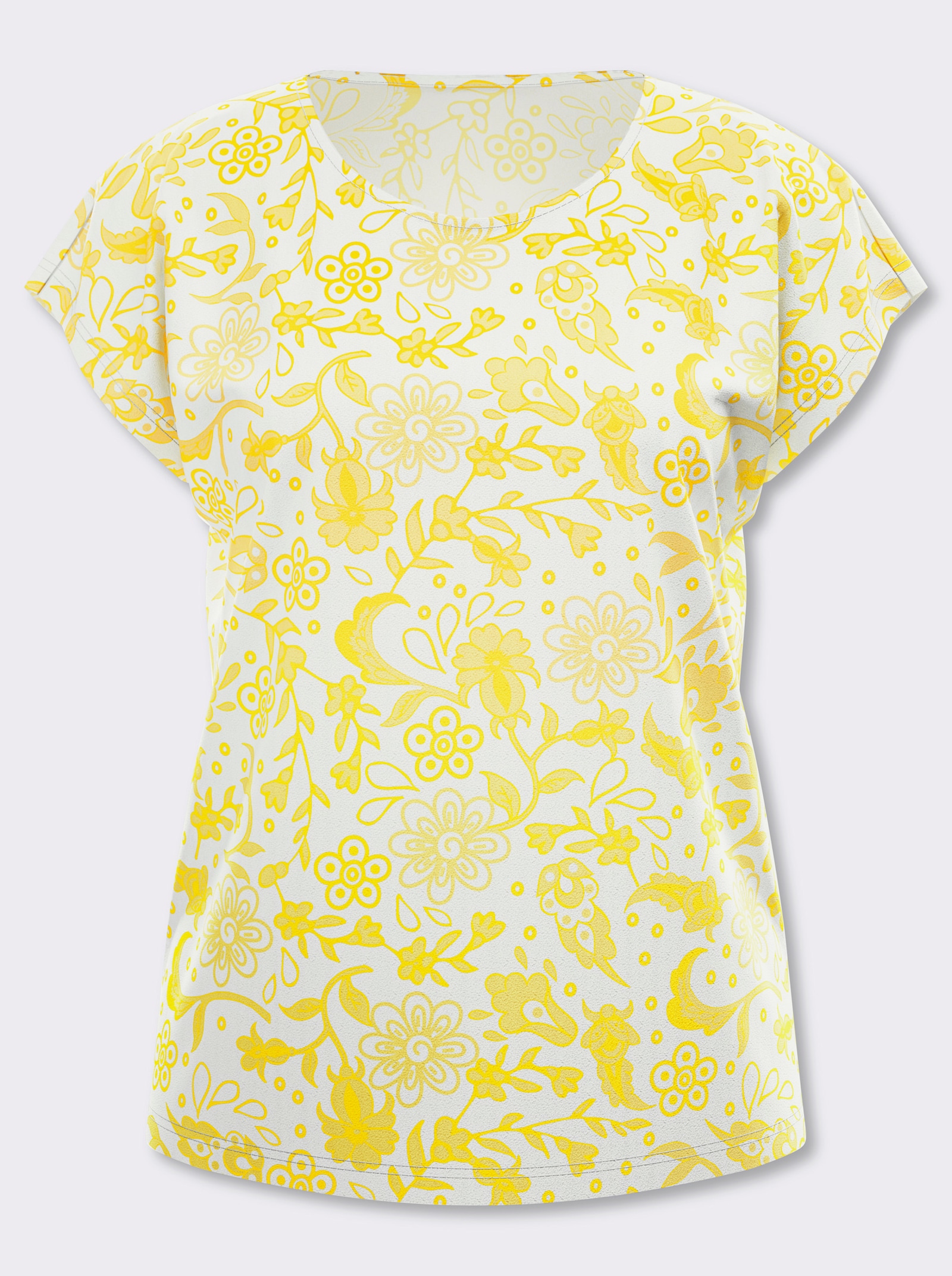 Kurzarmshirt im Paisley-Blüten-Mix - limone-zitrone-bedruckt