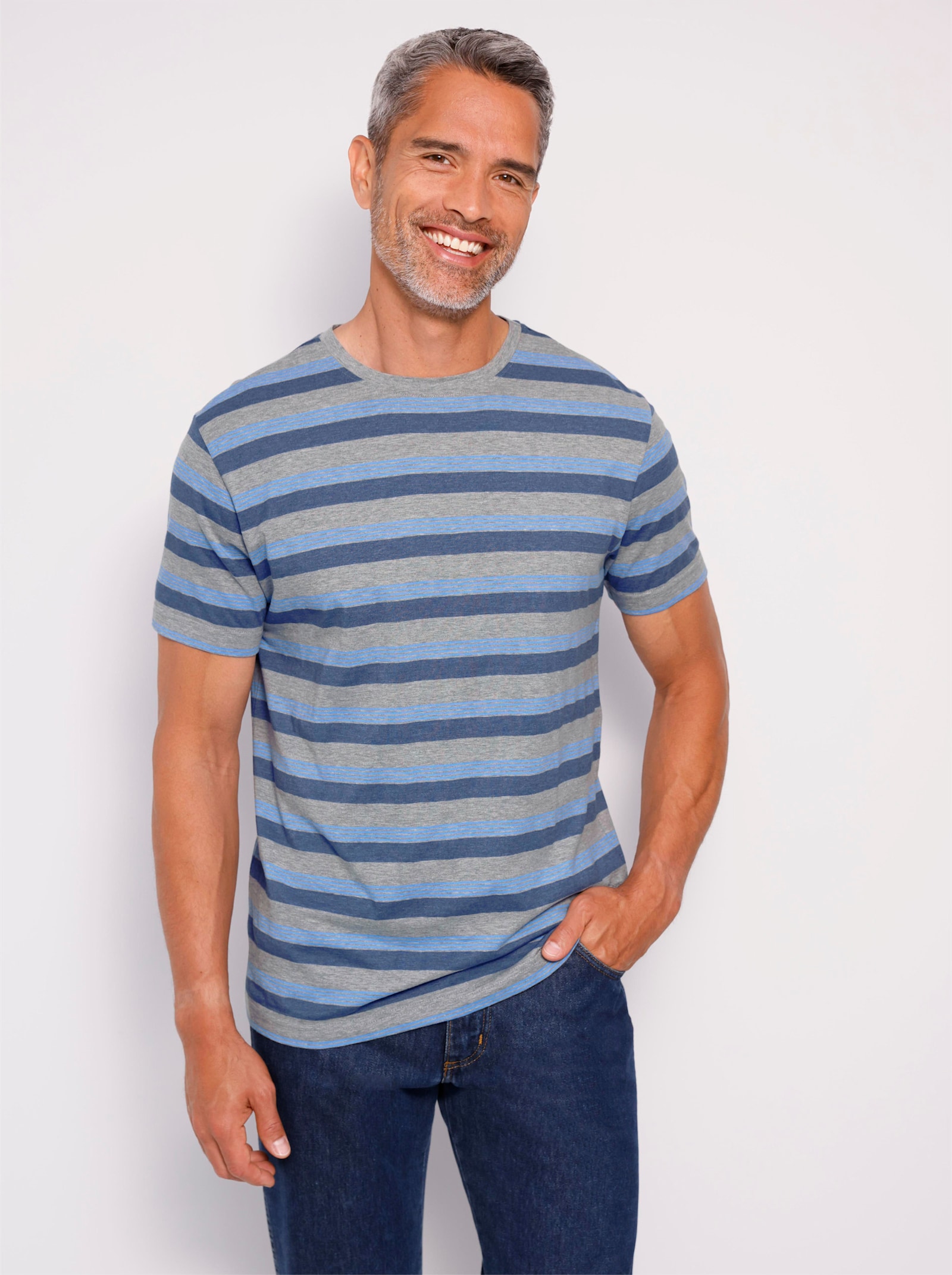 Rundhalsshirt mit garngefärbtem Ringel-Muster - grau-rauchblau-geringelt