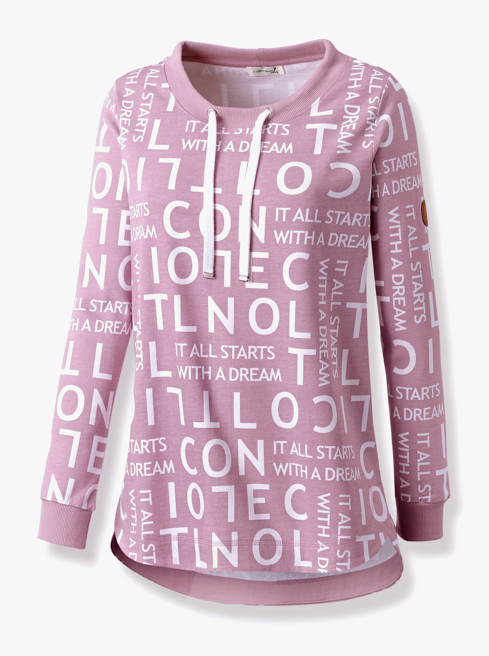 Lang sweatshirt met tekstprint - mauve/wit gedessineerd