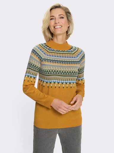 Norwegerpullover mit Raglan-Ärmeln - ocker-lindgrün-gemustert