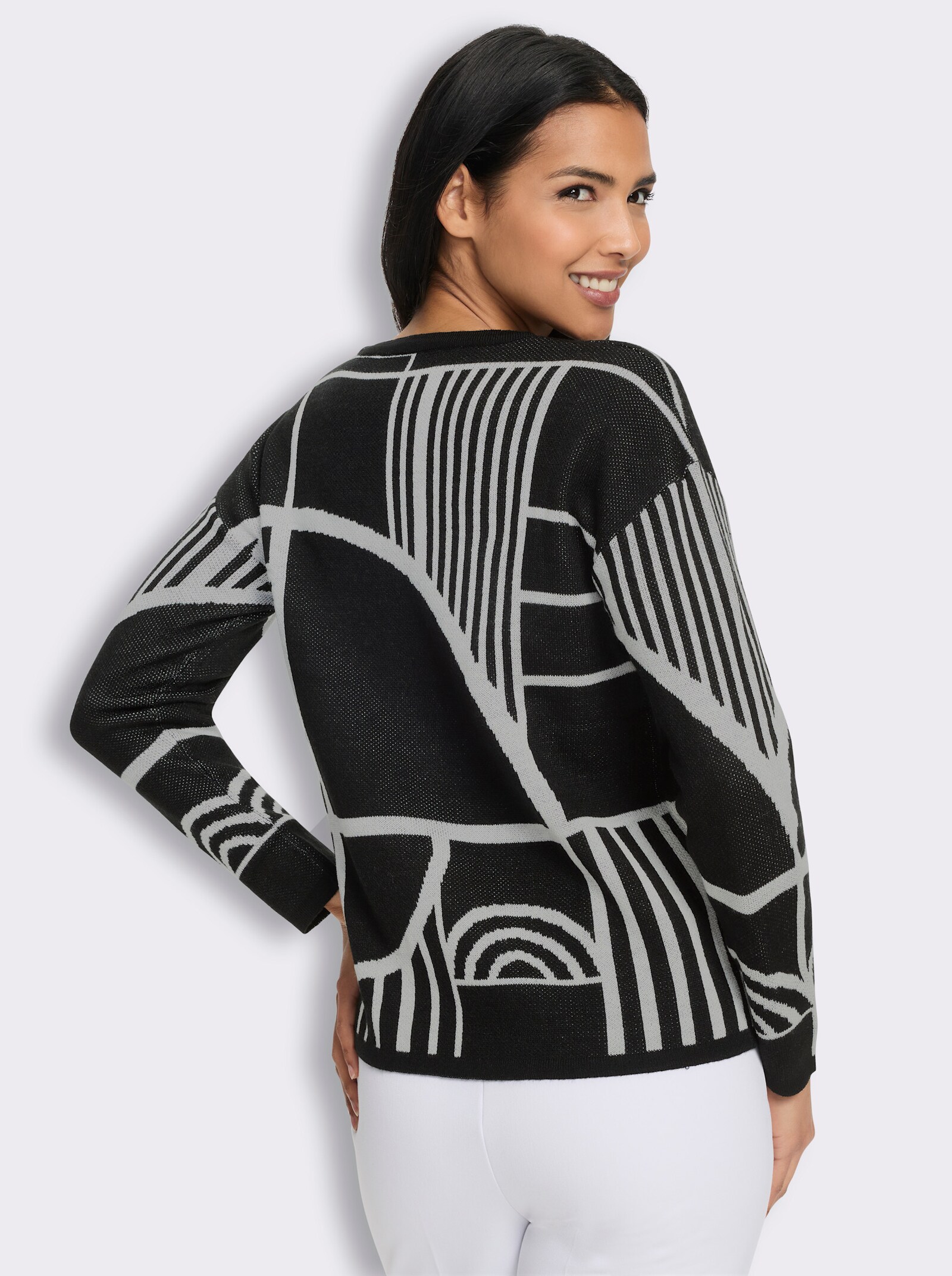  Jacquardpullover mit überschnittenen Schultern - schwarz-ecru-gemustert