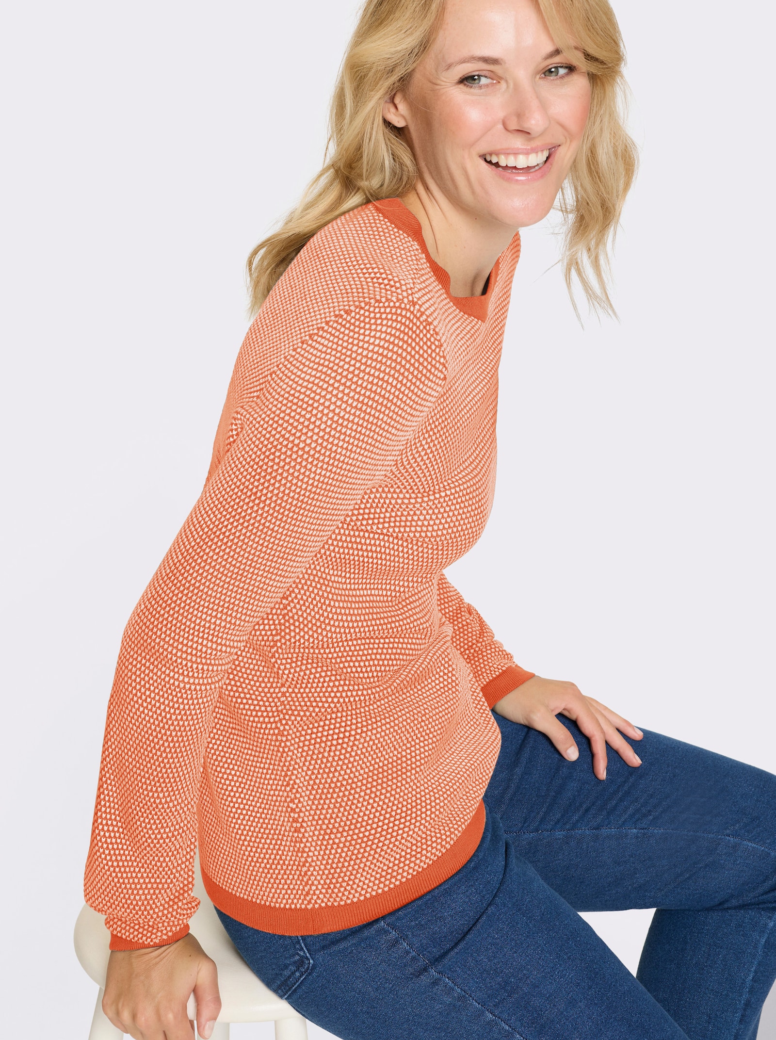 Rundhalspullover - papaya-ecru-gemustert