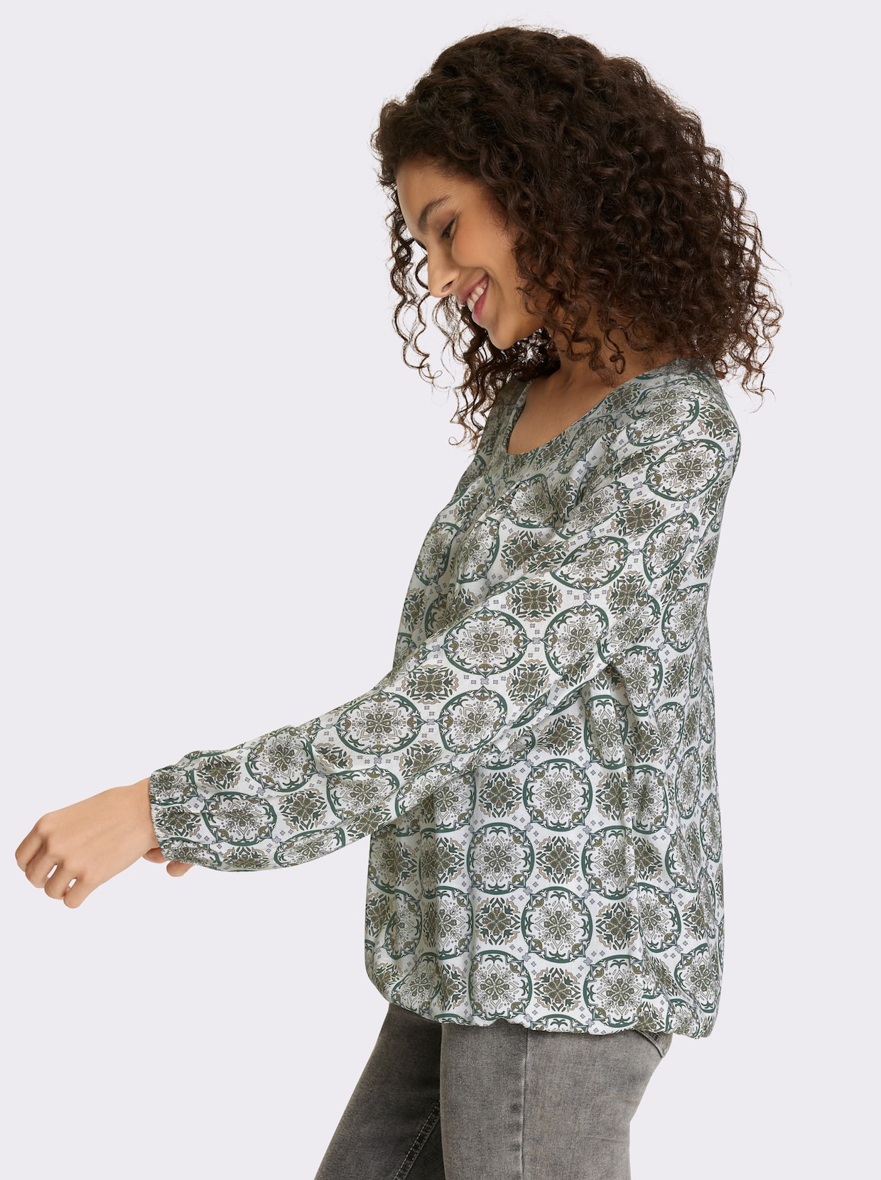 heine Druckbluse mit Faltenpartie - khaki-sand-bedruckt