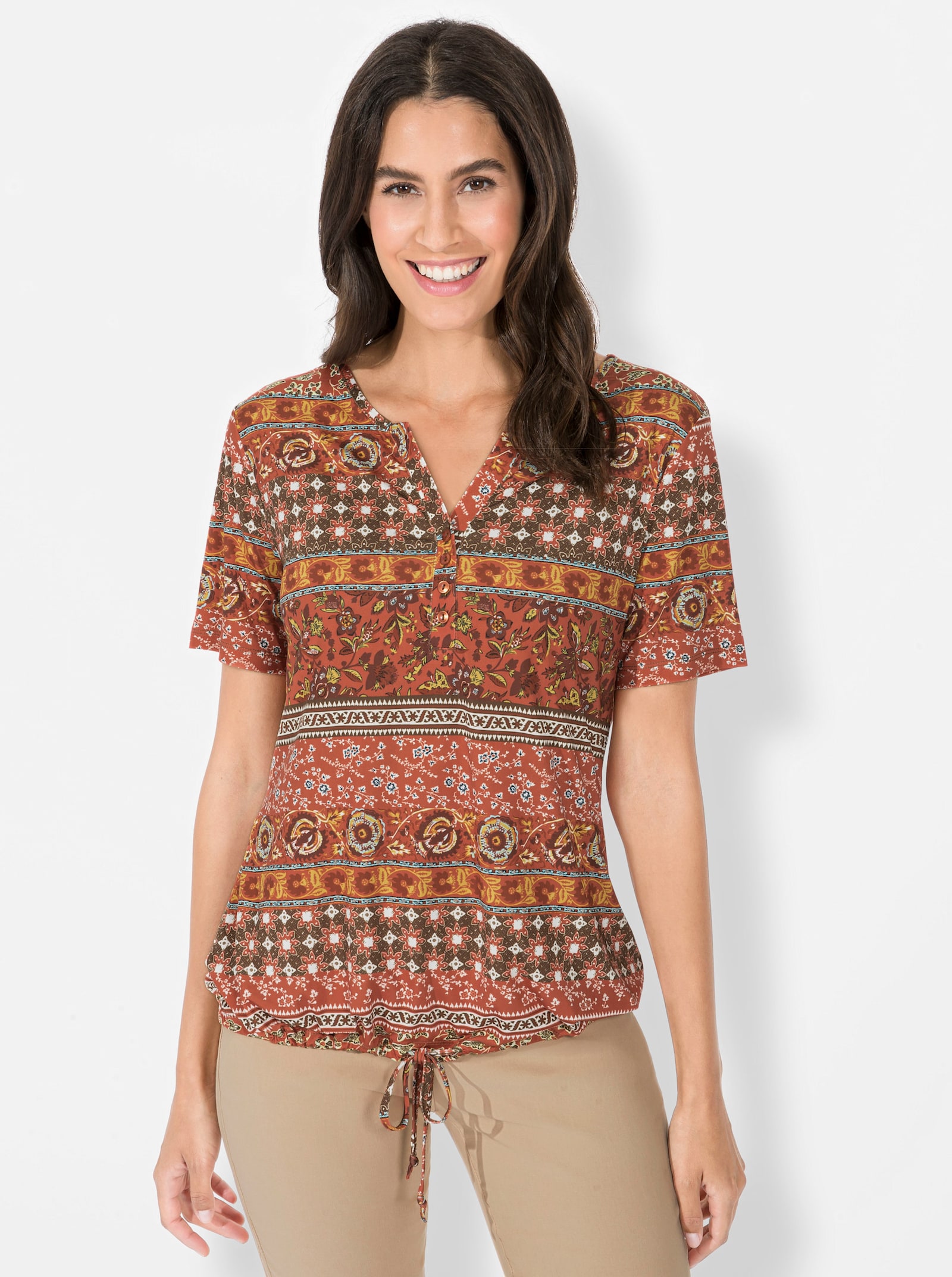 Shirt met print en in wijdte verstelbare zoom - terra/roestrood bedrukt