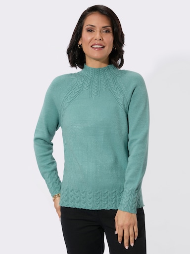 Stehkragenpullover mit Zopfmuster vorn - salbei