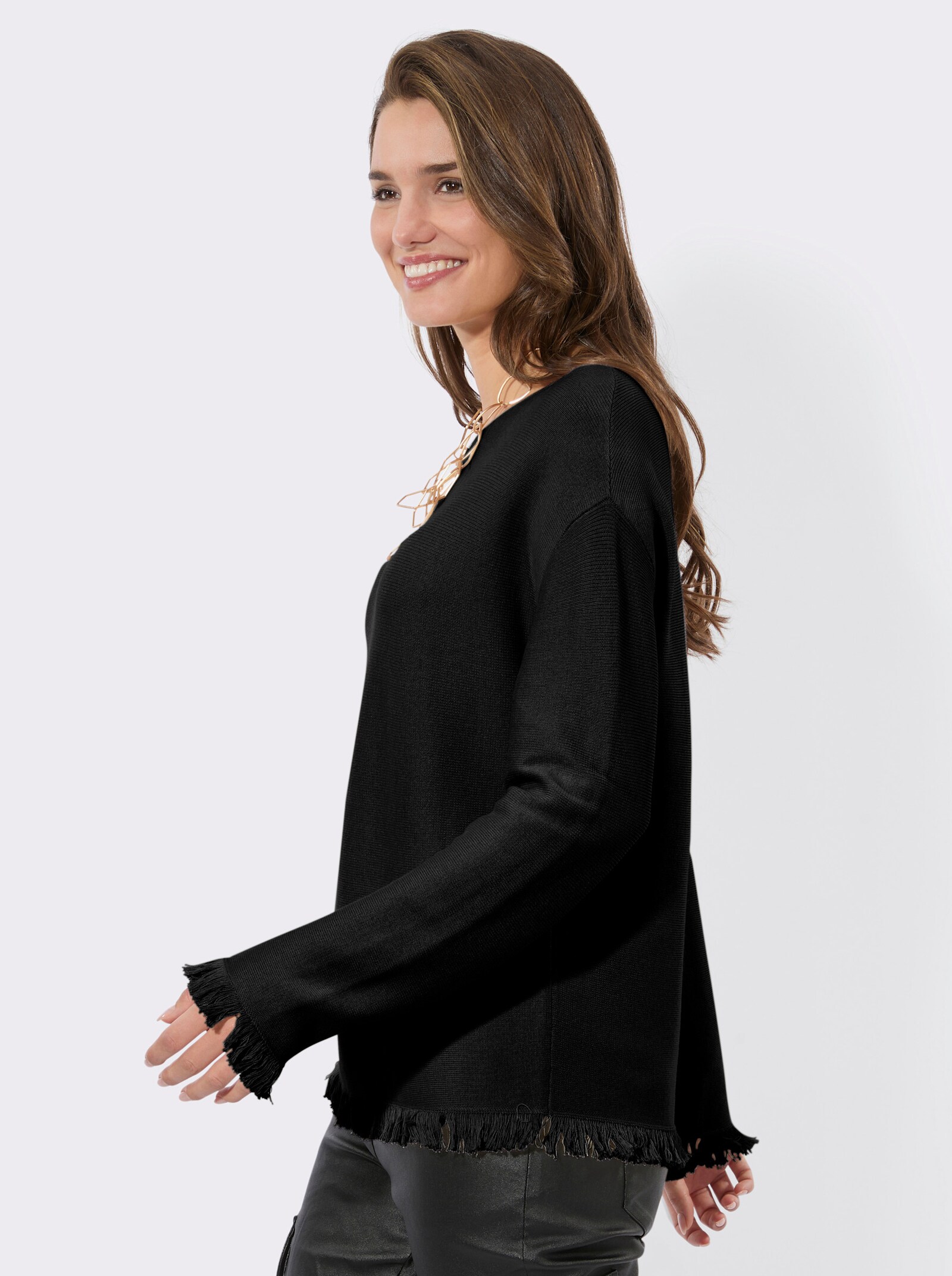 Langarm-Pullover mit Fransen-Abschlüssen - schwarz