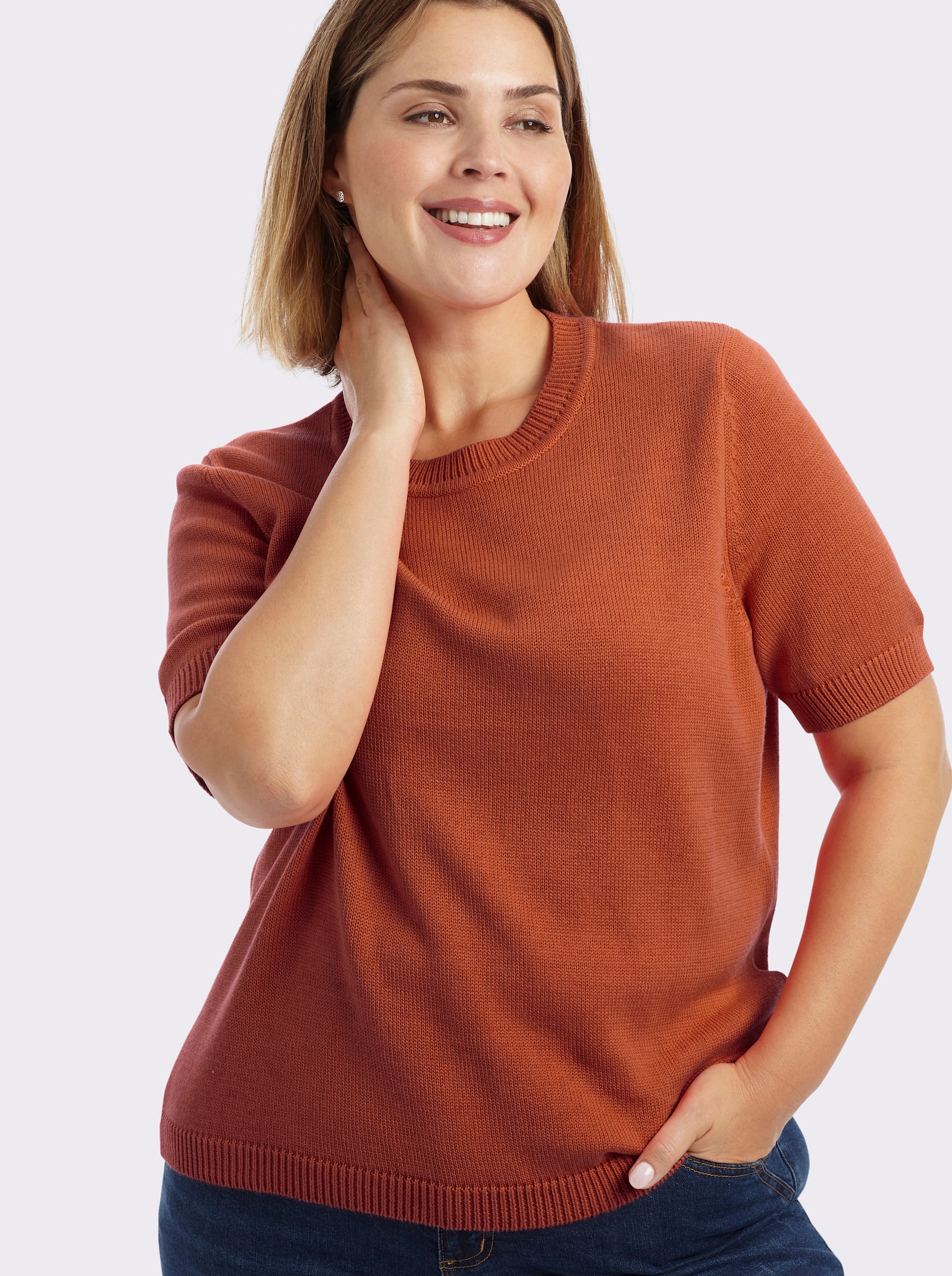 Kurzarmpullover mit Rippabschlüssen - rostrot