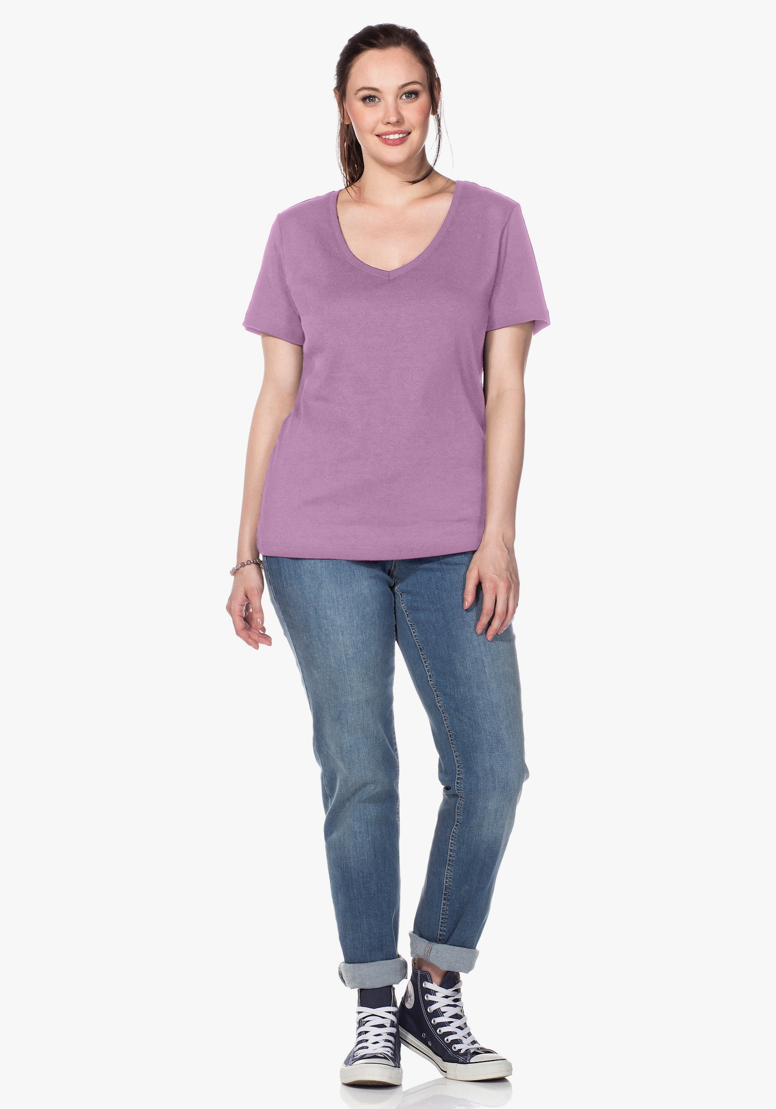 sheego T-Shirt mit V-Ausschnitt, Rippqualität - orchidee