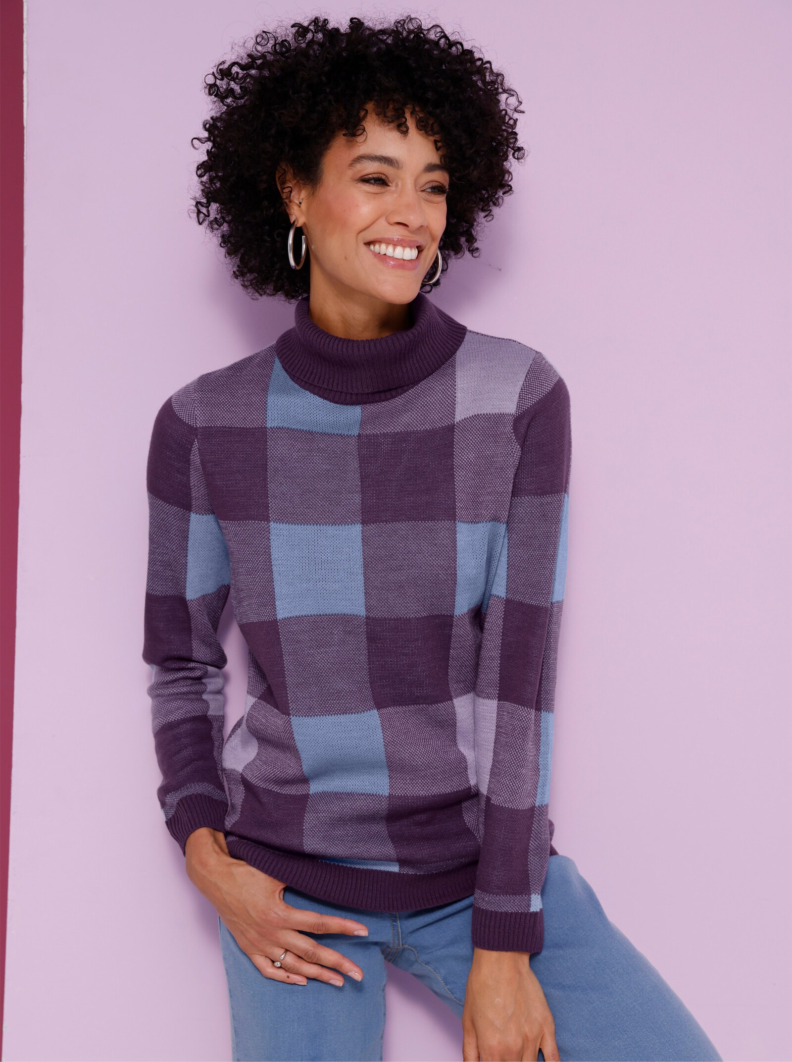 Rollkragenpullover mit Jacquard-Muster - traube-himmelblau-gemustert