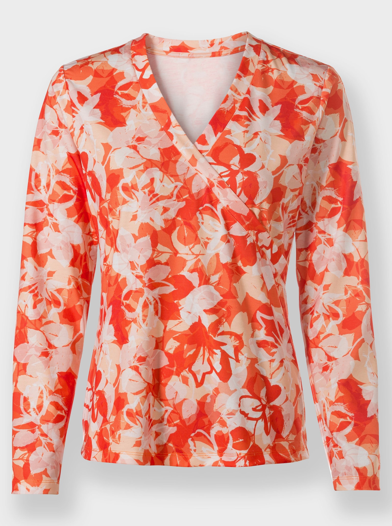 heine V-Shirt mit Wickel-Effekt - orange-ecru-bedruckt