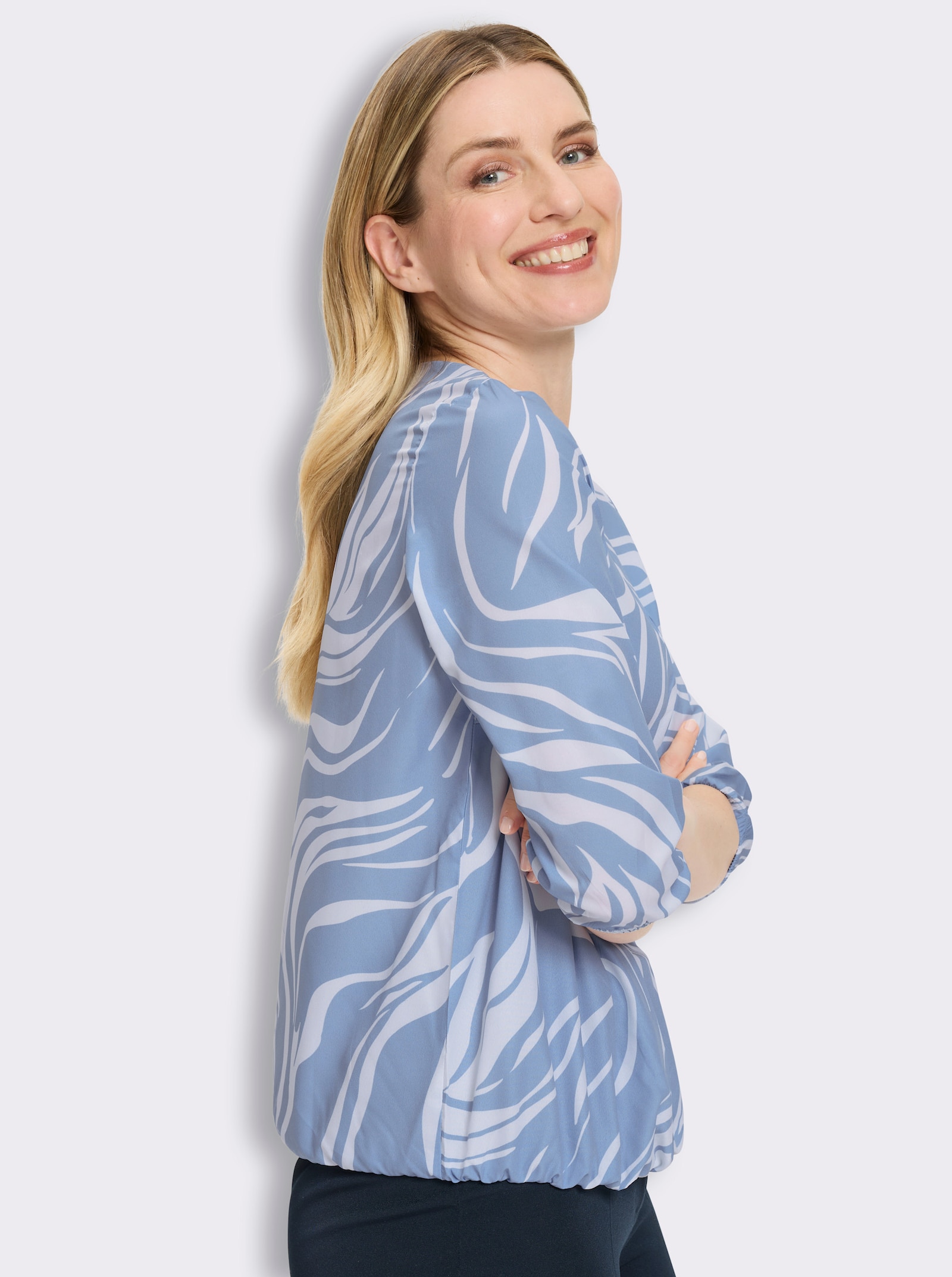 Schlupfbluse mit elastischen Abschlüssen - ecru-bleu-bedruckt
