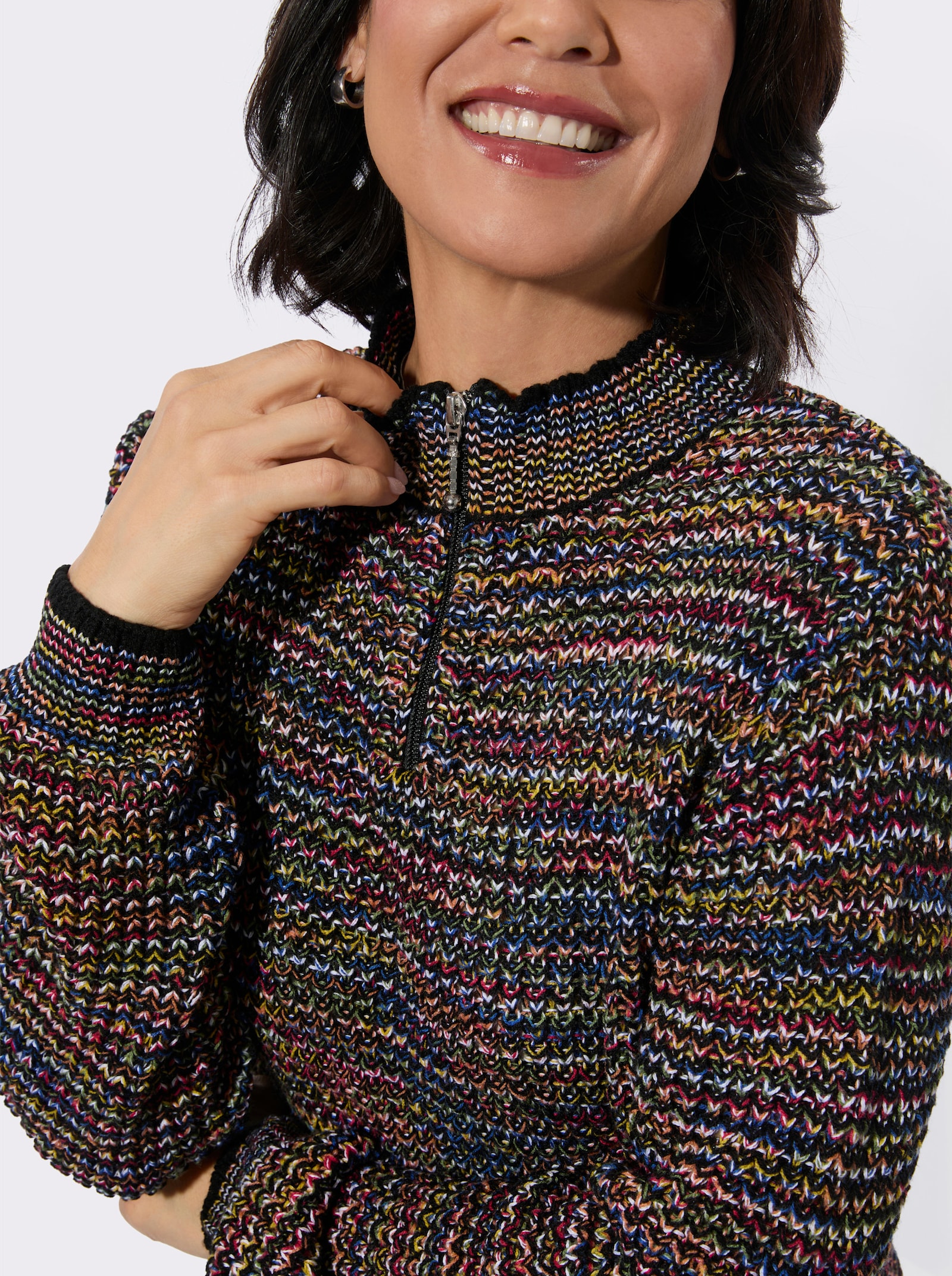 Stehkragenpullover mit kurzem Reißverschluss - rot-schwarz-gemustert