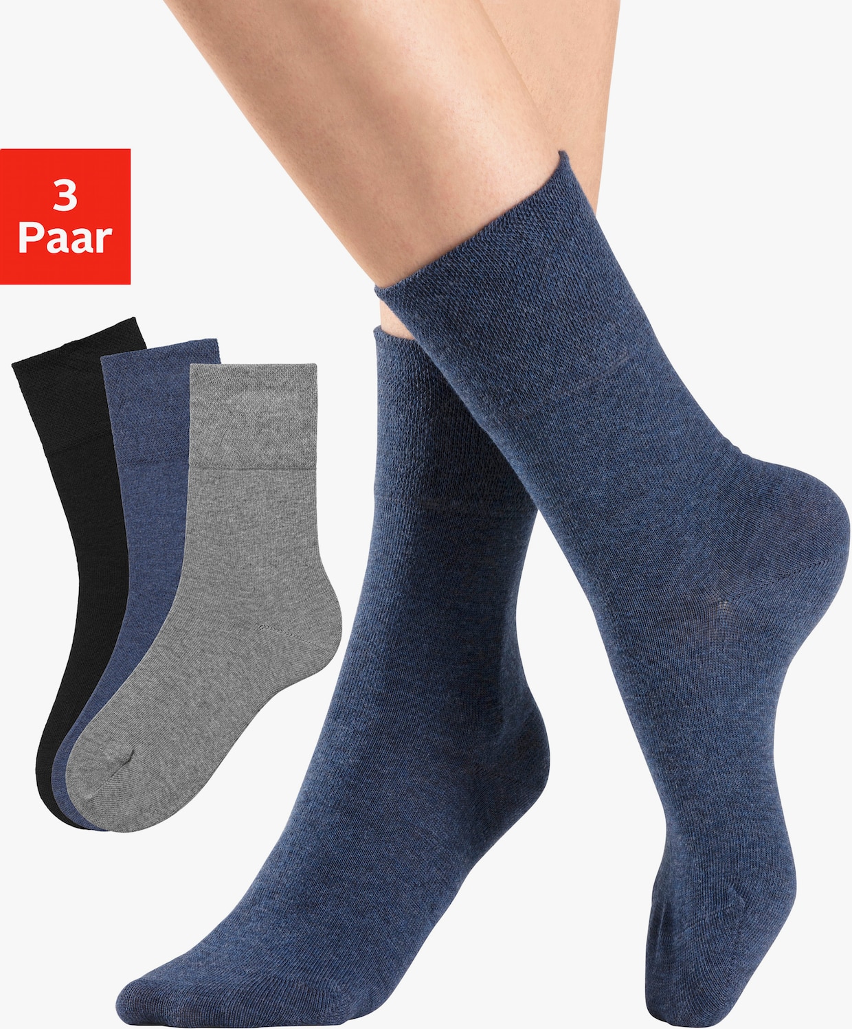 H.I.S Chaussettes - 1x jean, 1x noir, 1x gris chiné