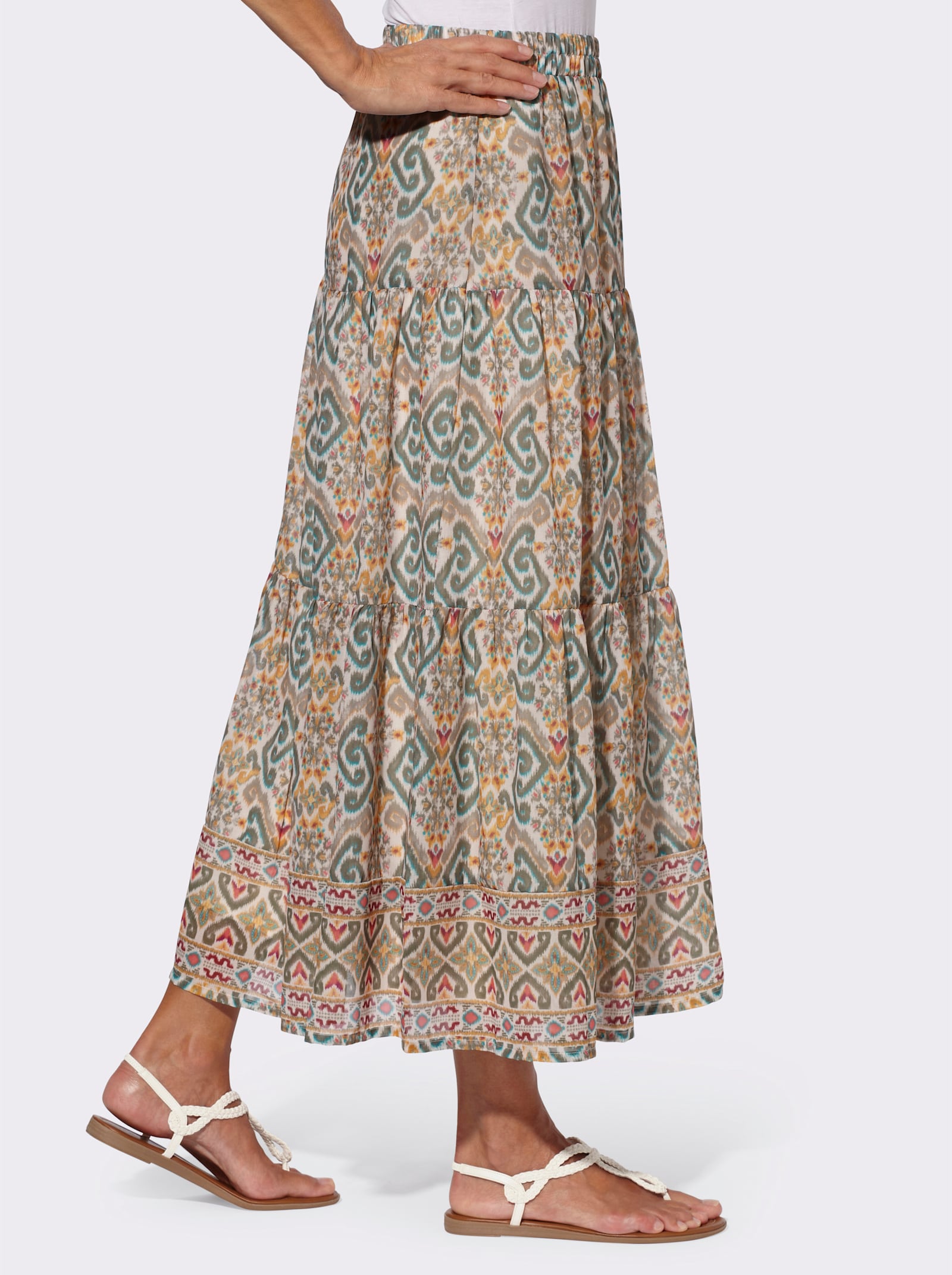 Maxirock in Stufenform, bedruckt - khaki-ocker-bedruckt