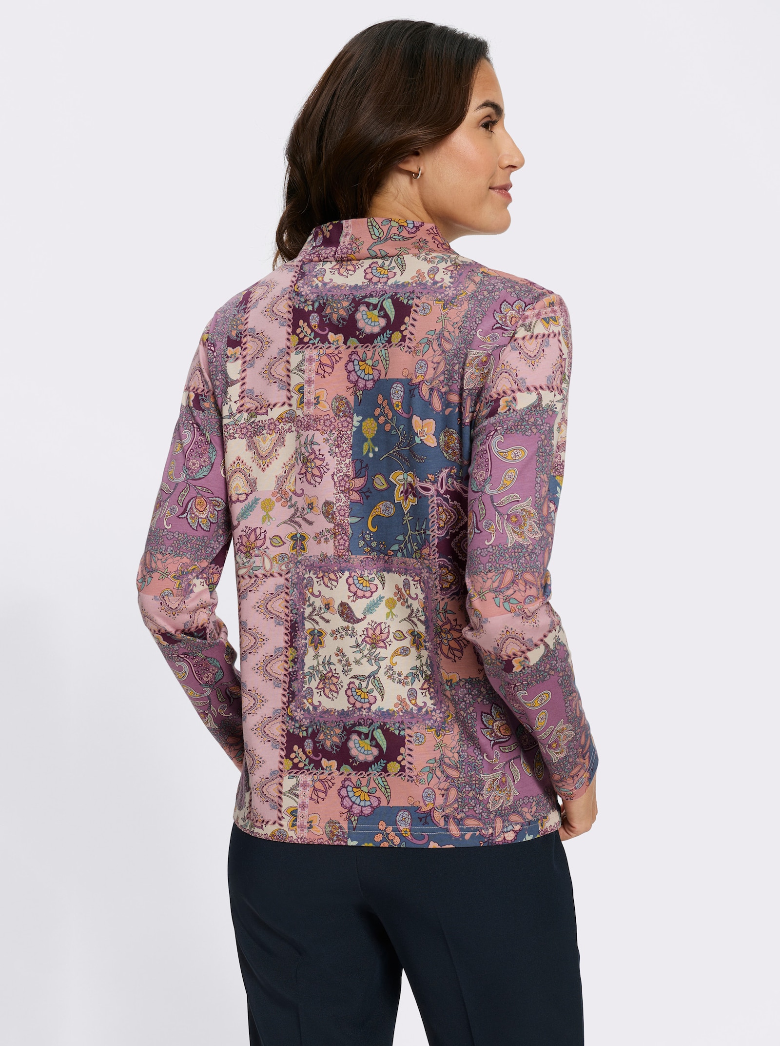 Stehkragenshirt im Patchwork-Dessin - burgund-violett-bedruckt