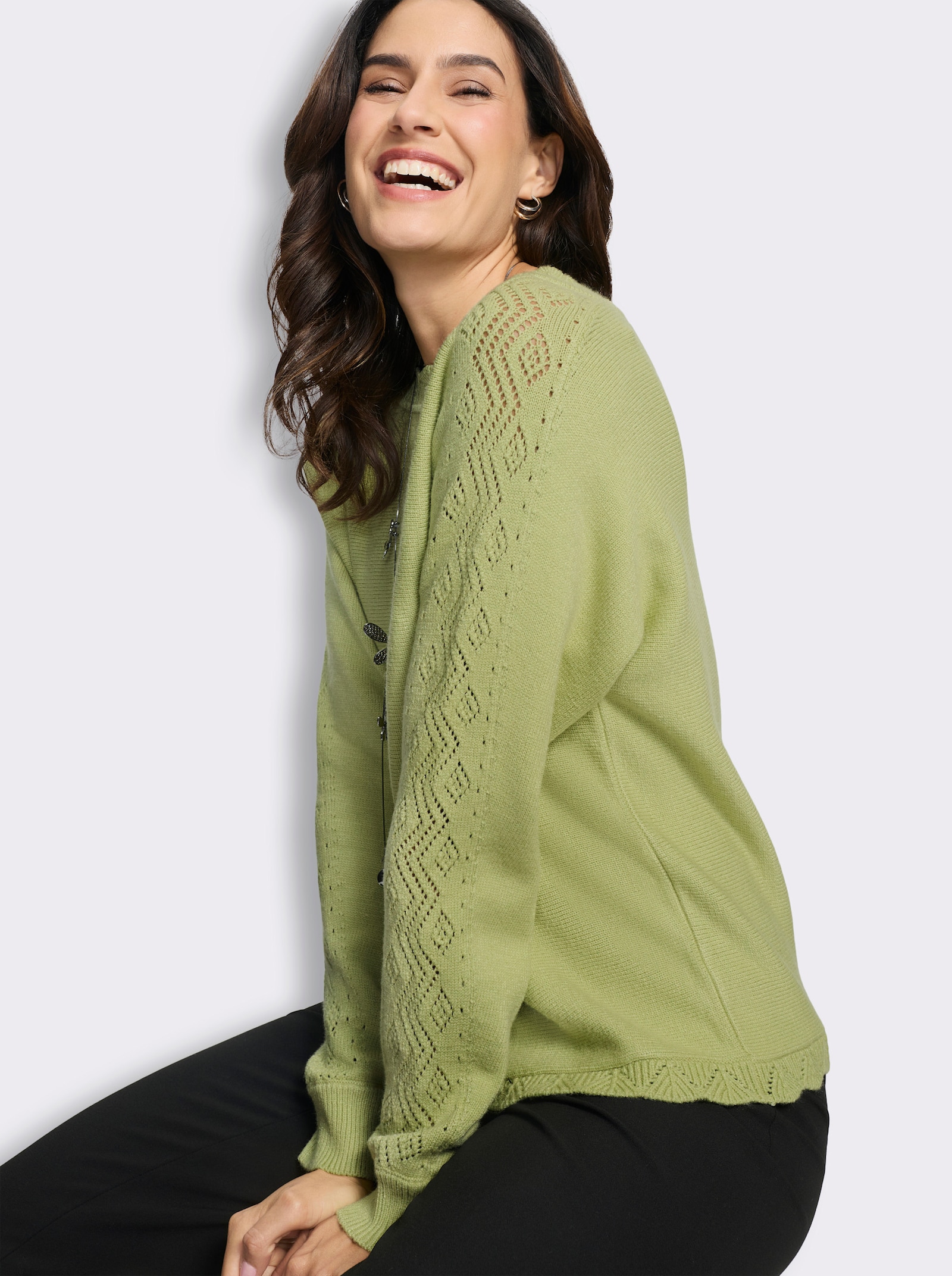 Langarm-Pullover mit Ajourmuster-Details - lindgrün