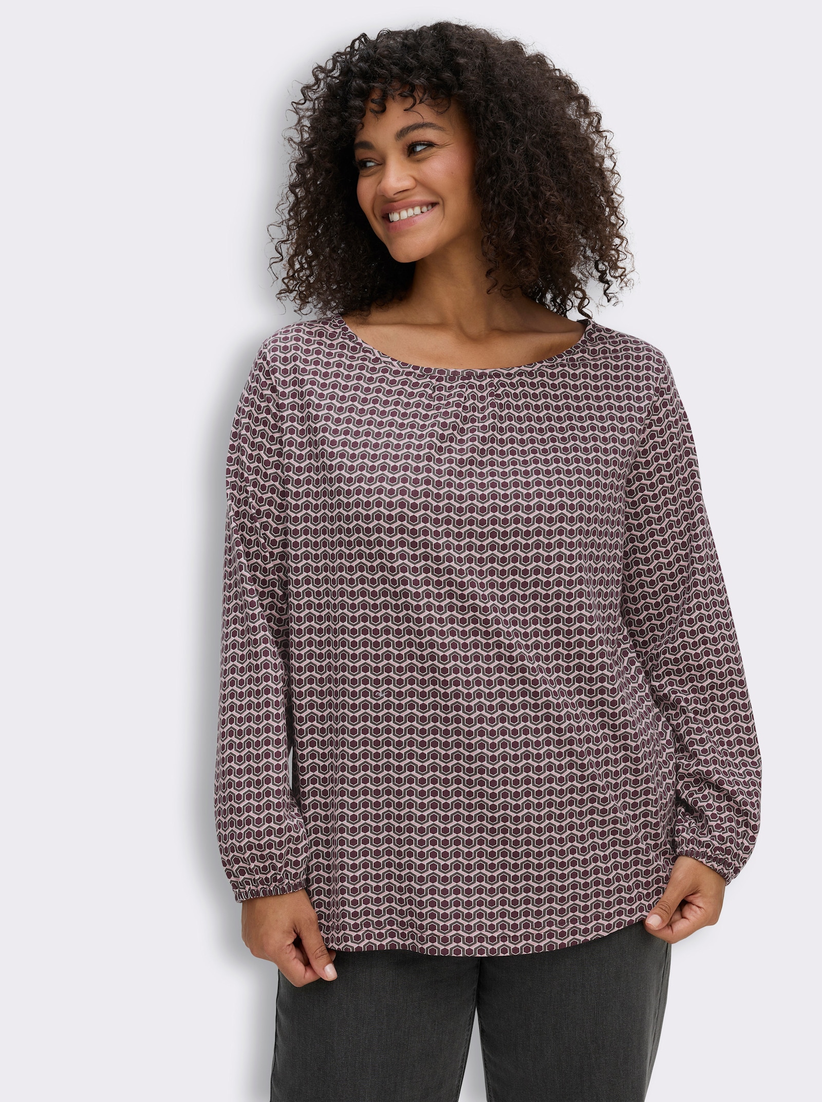 Langarmshirt im Minimalmuster - burgund-anthrazit-bedruckt