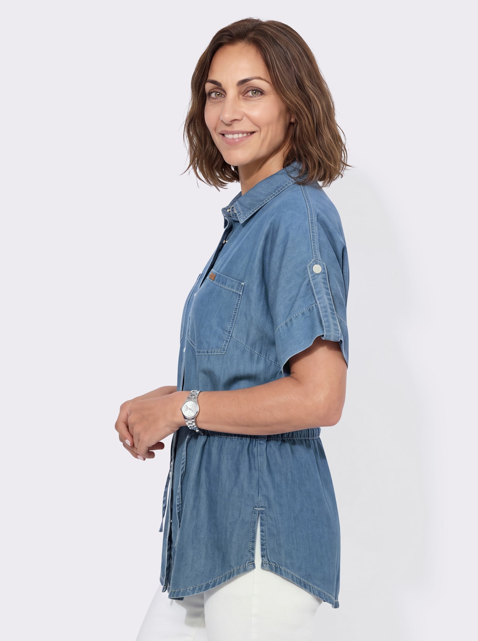 Jeansbluse mit regulierbarem Taillen-Kordelzug - blue-bleached
