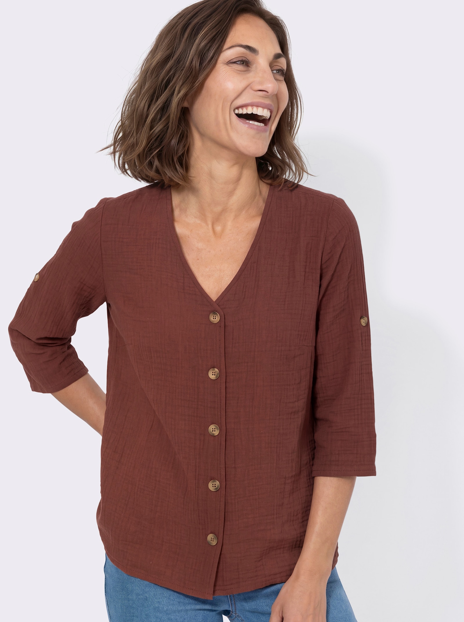 3/4-Arm-Bluse mit Krempelfunktion - rotbraun
