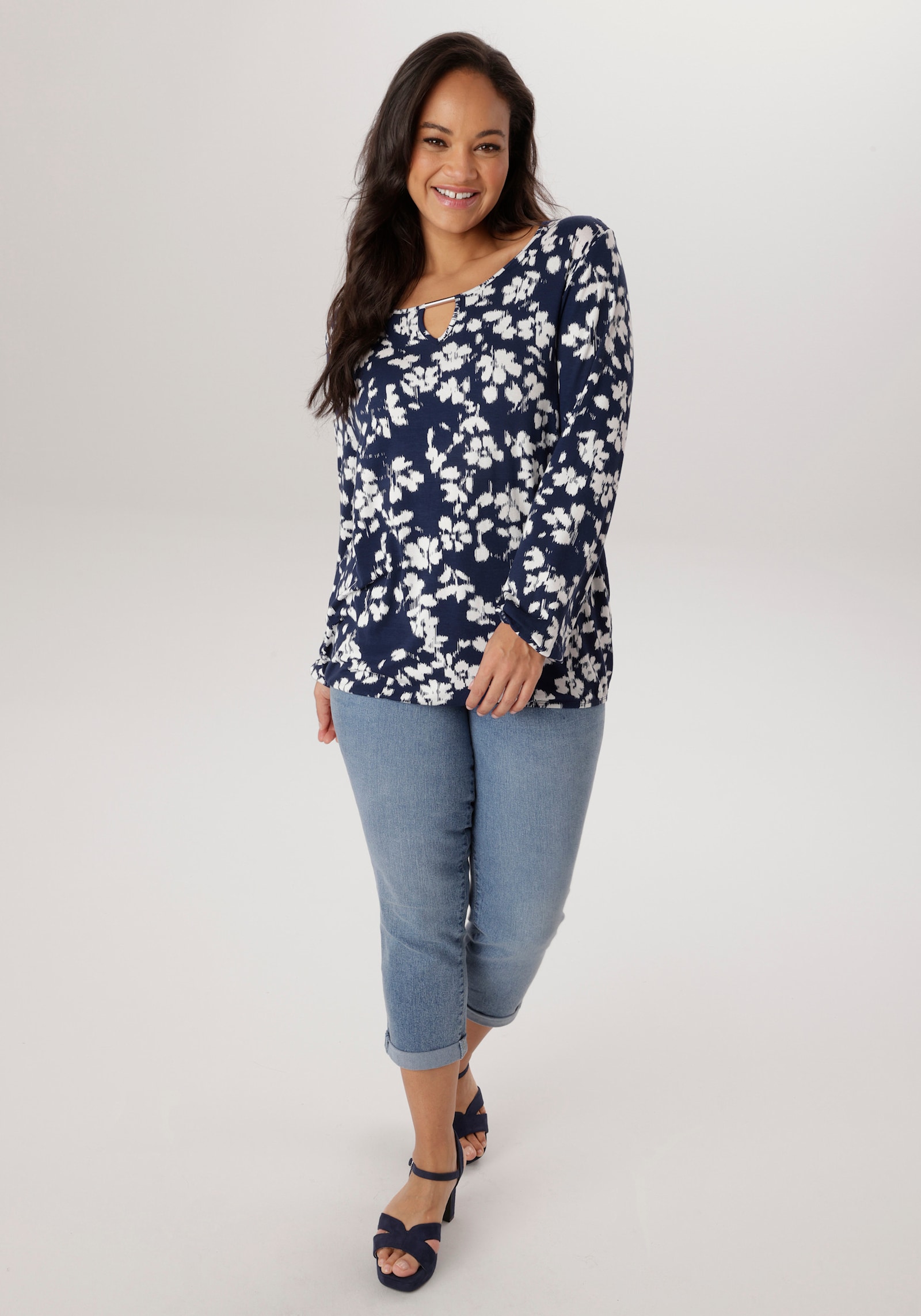 Aniston PLUS Langarmshirt - weiß-blau