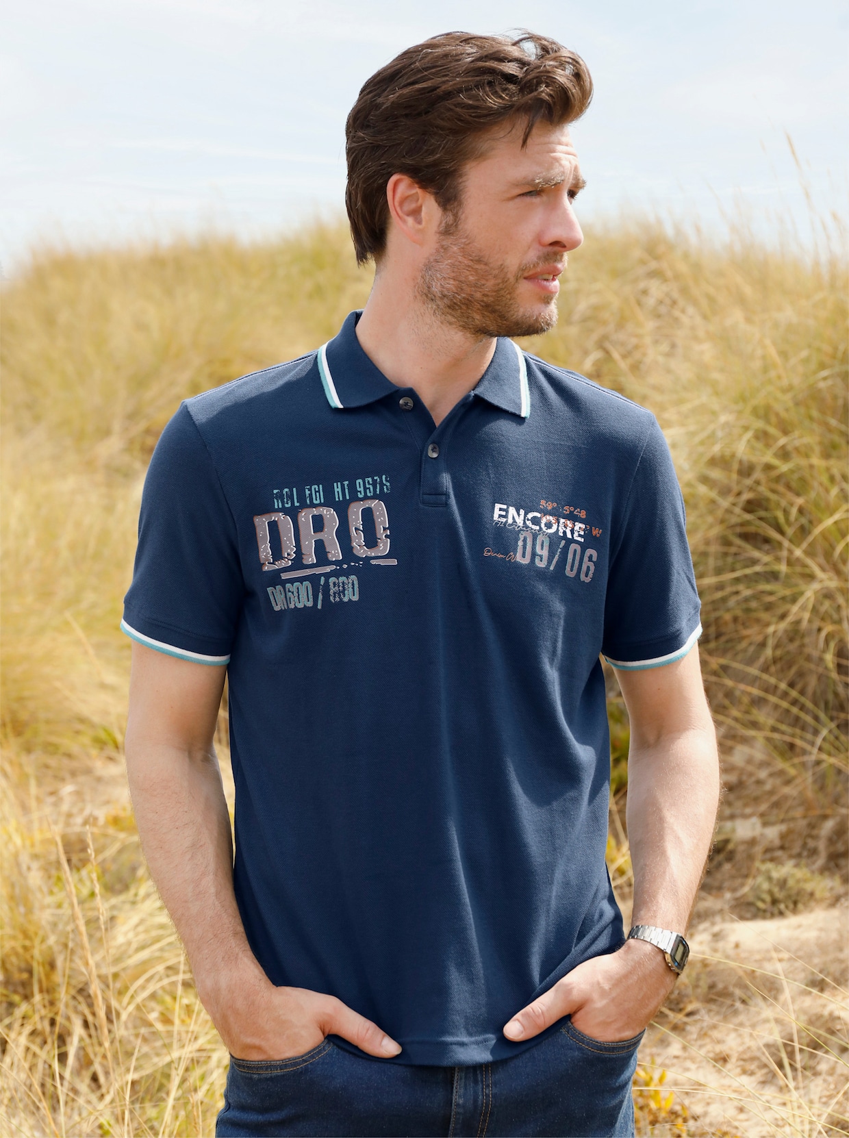 Catamaran Kurzarmshirt mit Kontrast-Details, Pikee - dunkelblau