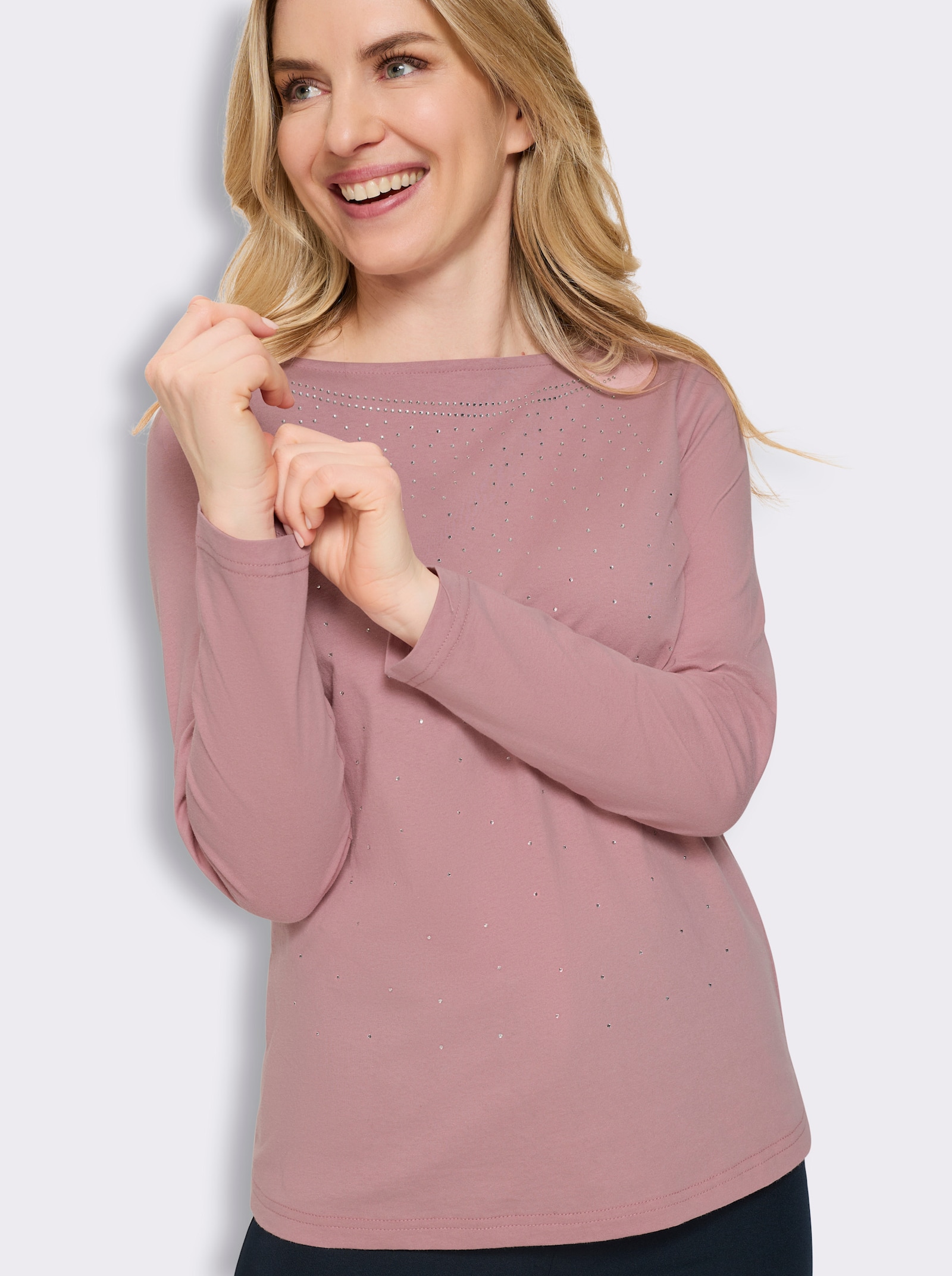Langarmshirt mit Glitzersteinchen - hortensie